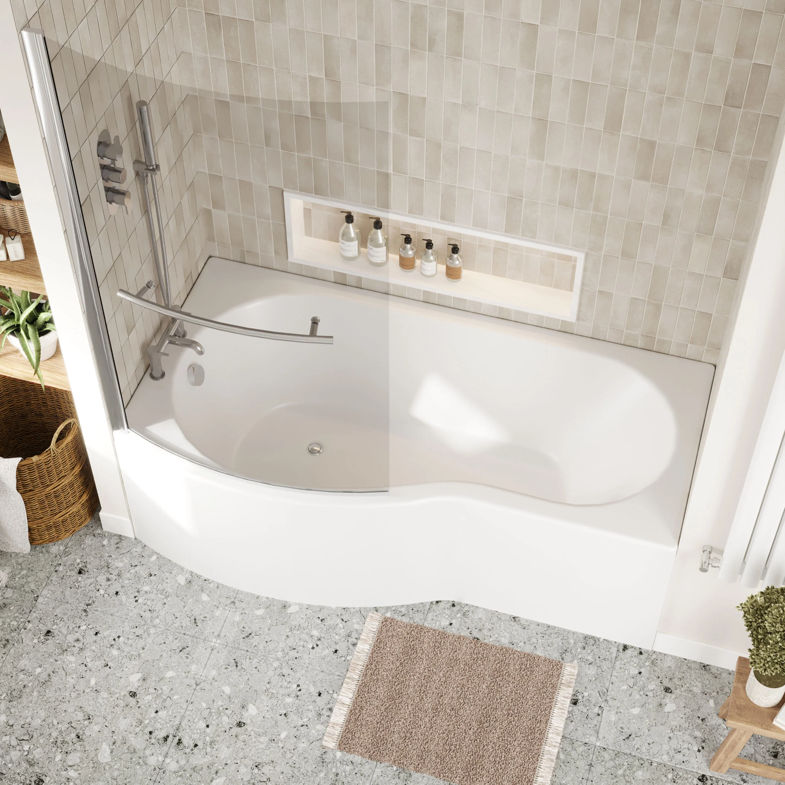 B Shape 1700x900 Left Hand Bath Set - Front Panel, Screen with Towel Rail - Chrome - Image 3
