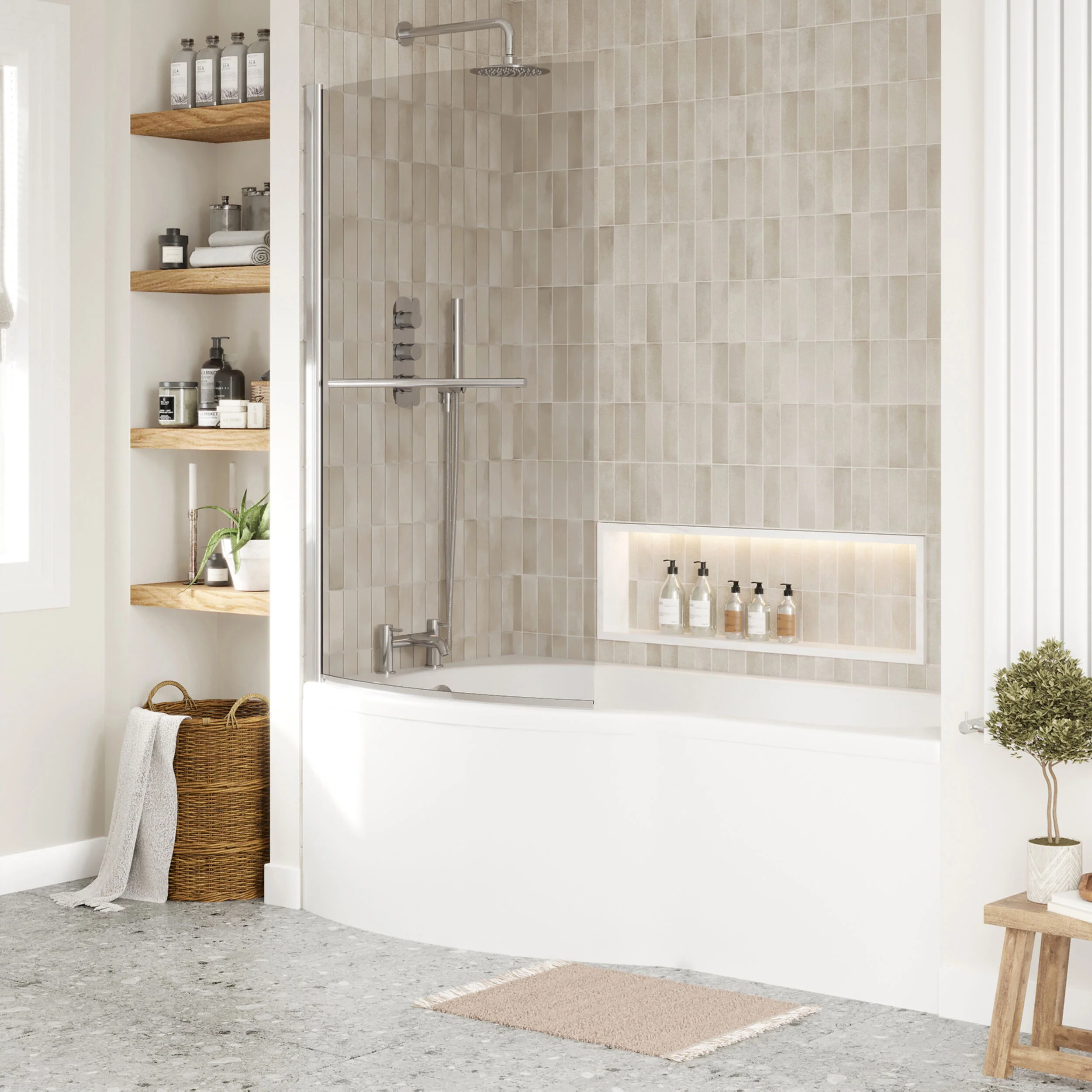 B Shape 1700x900 Left Hand Bath Set - Front Panel, Screen with Towel Rail - Chrome - Image 4