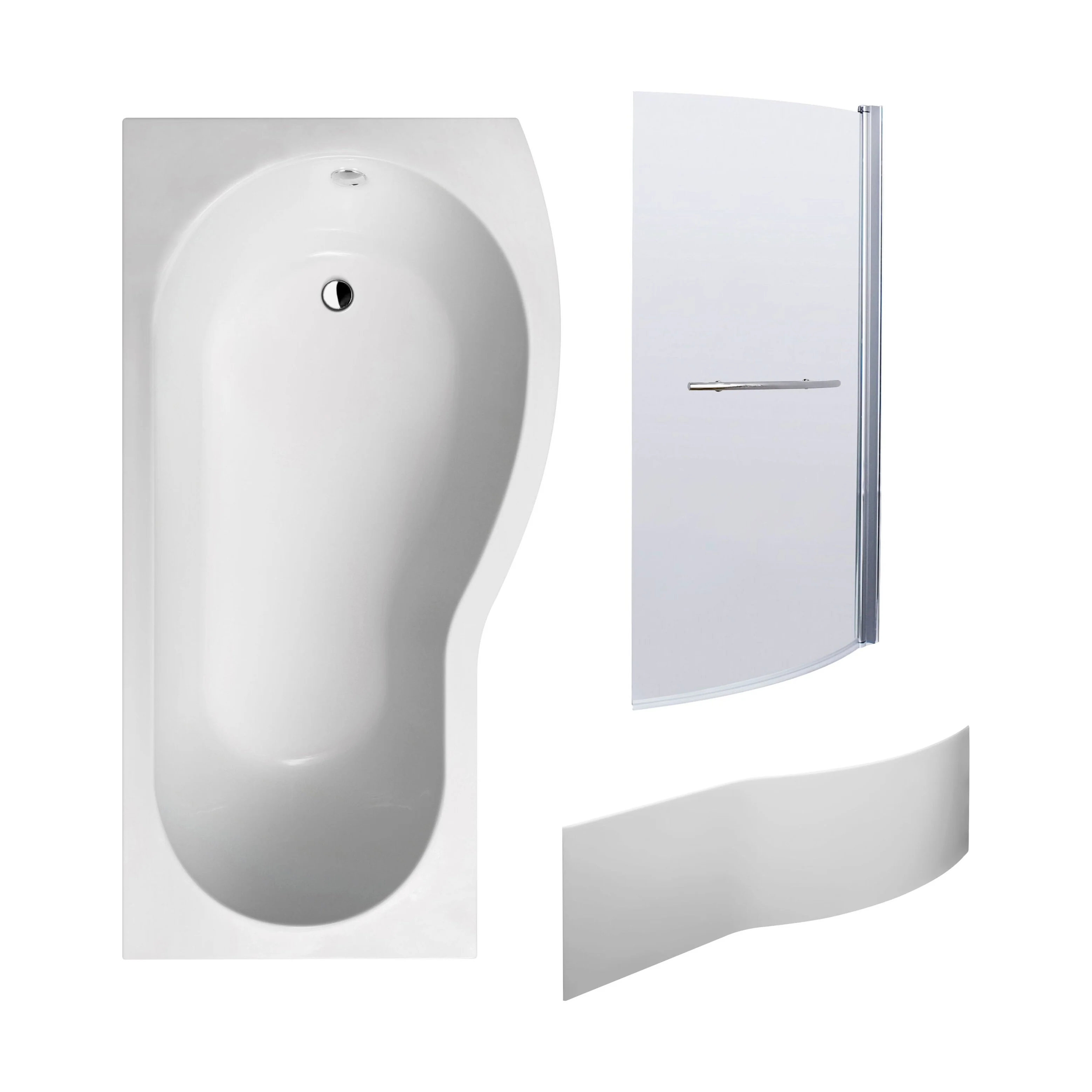 B Shape 1700x900 Right Hand Shower Bath Set - B Front Panel, Chrome Screen with Towel Rail & Leg Set