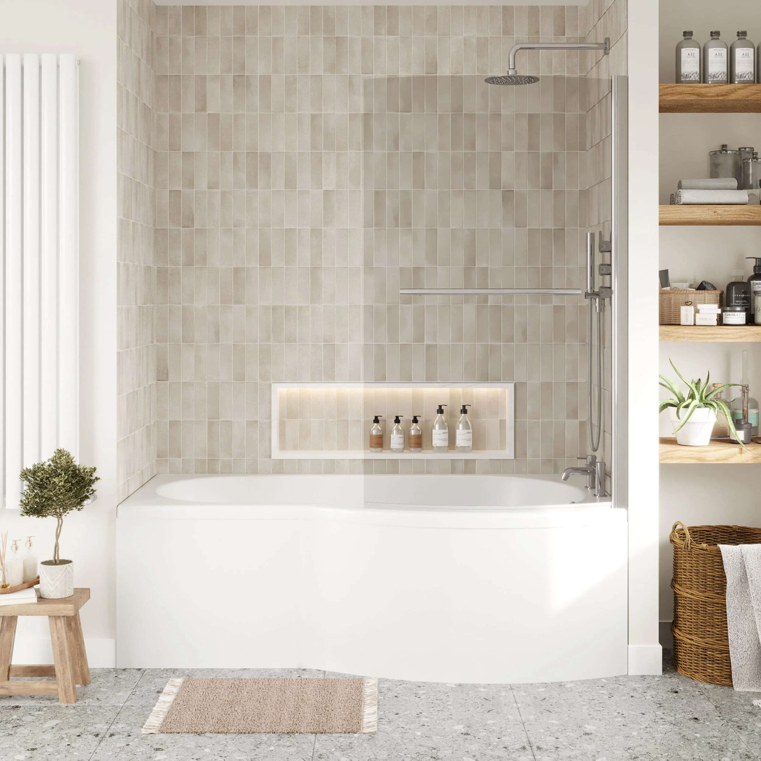 B Shape 1700x900 Right Hand Shower Bath Set - B Front Panel, Chrome Screen with Towel Rail & Leg Set - Image 2