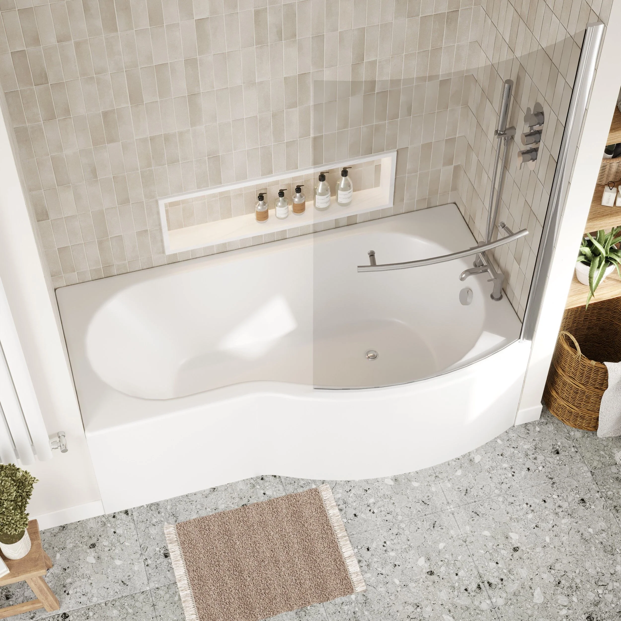 B Shape 1700x900 Right Hand Shower Bath Set - B Front Panel, Chrome Screen with Towel Rail & Leg Set - Image 3
