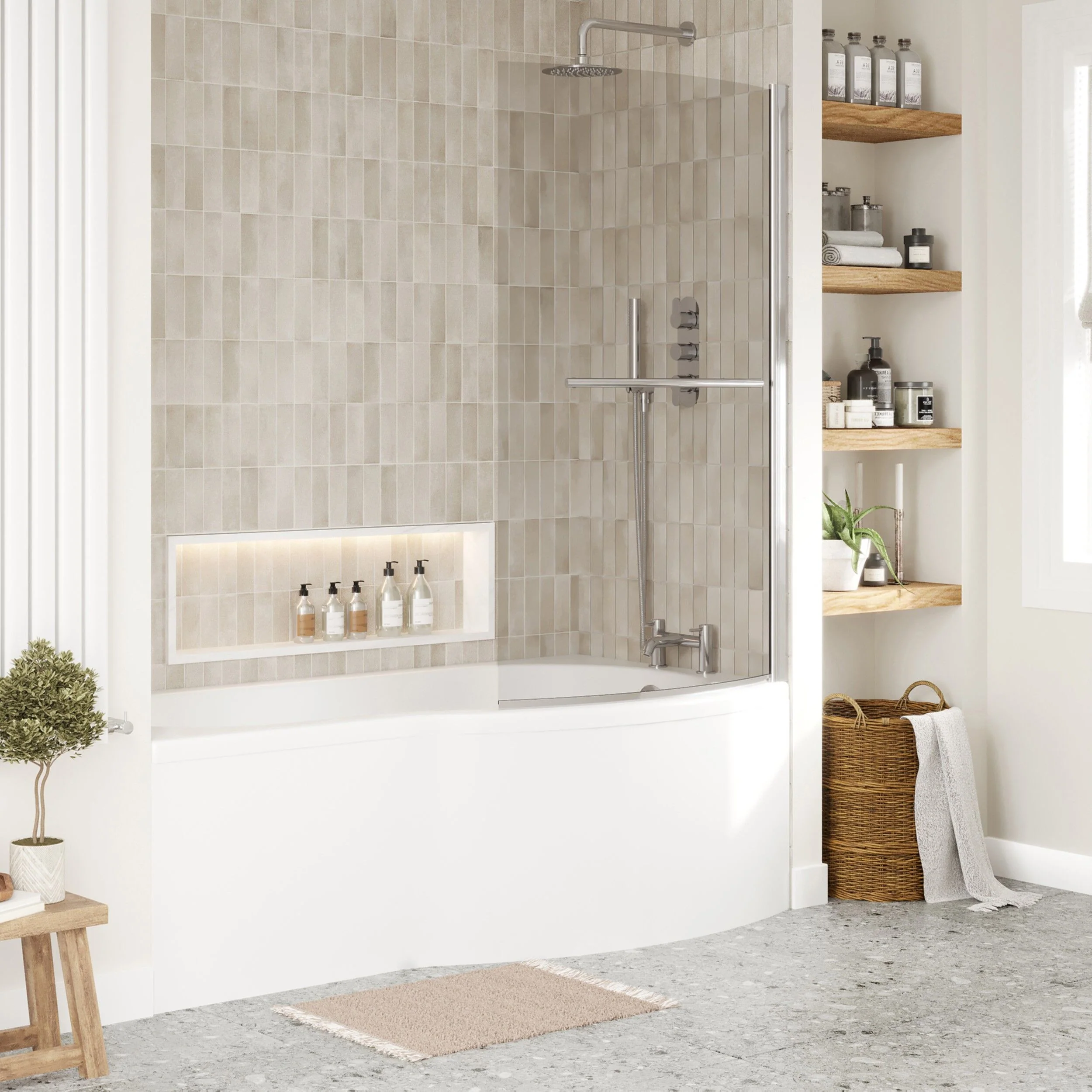 B Shape 1700x900 Right Hand Shower Bath Set - B Front Panel, Chrome Screen with Towel Rail & Leg Set - Image 4