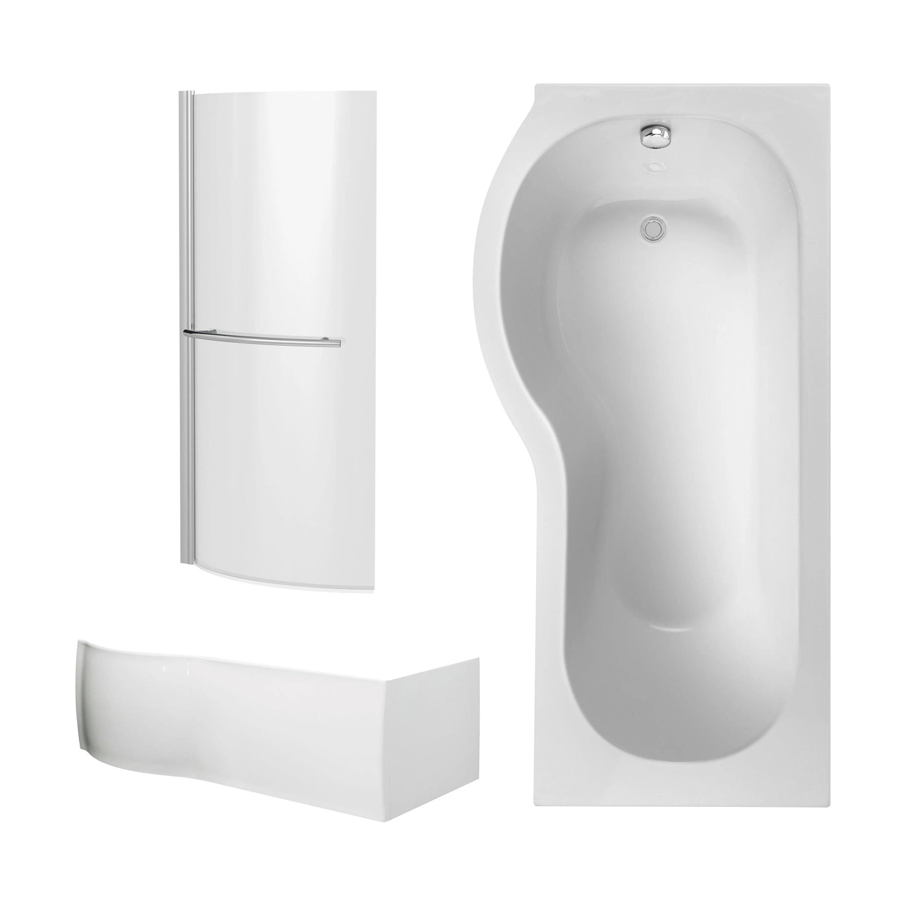 P Shape 1700x850 Left Hand Shower Bath Set - Front Panel, Chrome Curved P Bath Screen with Towel Rail & Leg Set