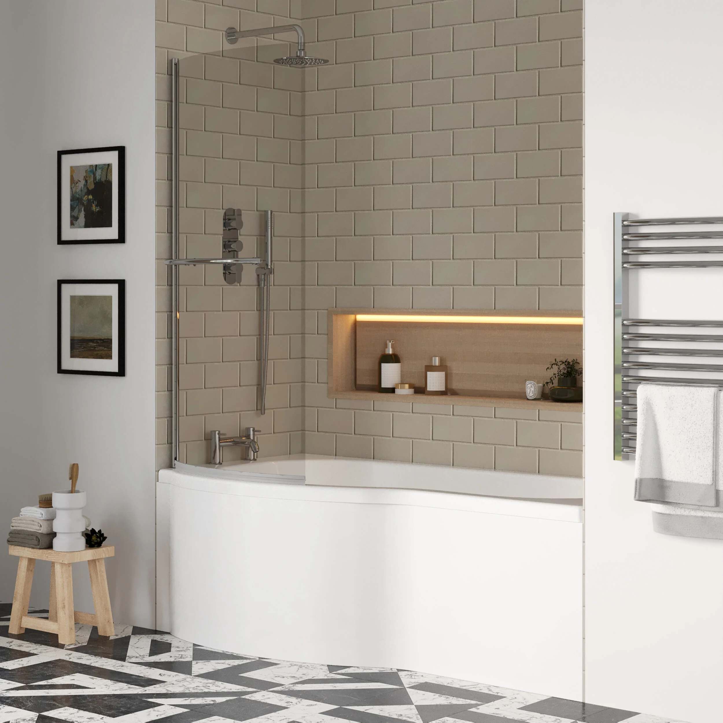 P Shape 1700x850 Left Hand Shower Bath Set - Front Panel, Chrome Curved P Bath Screen with Towel Rail & Leg Set - Image 4
