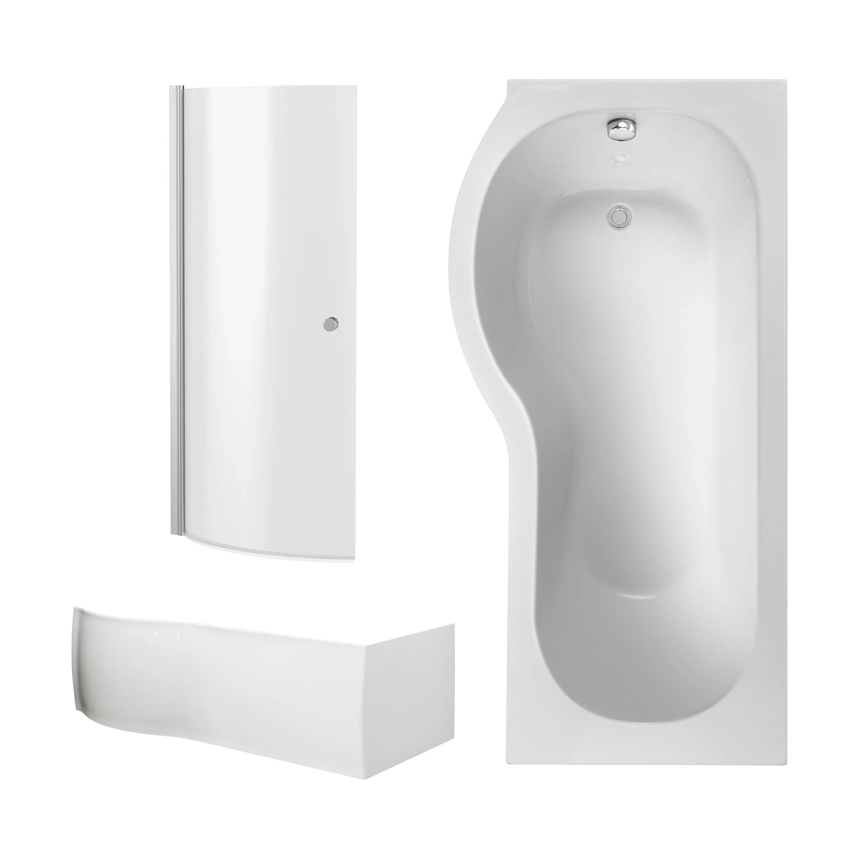 P Shape 1700x850 Left Hand Shower Bath Set - Squared Front Panel, Curved P Bath Screen with Knob & Leg Set