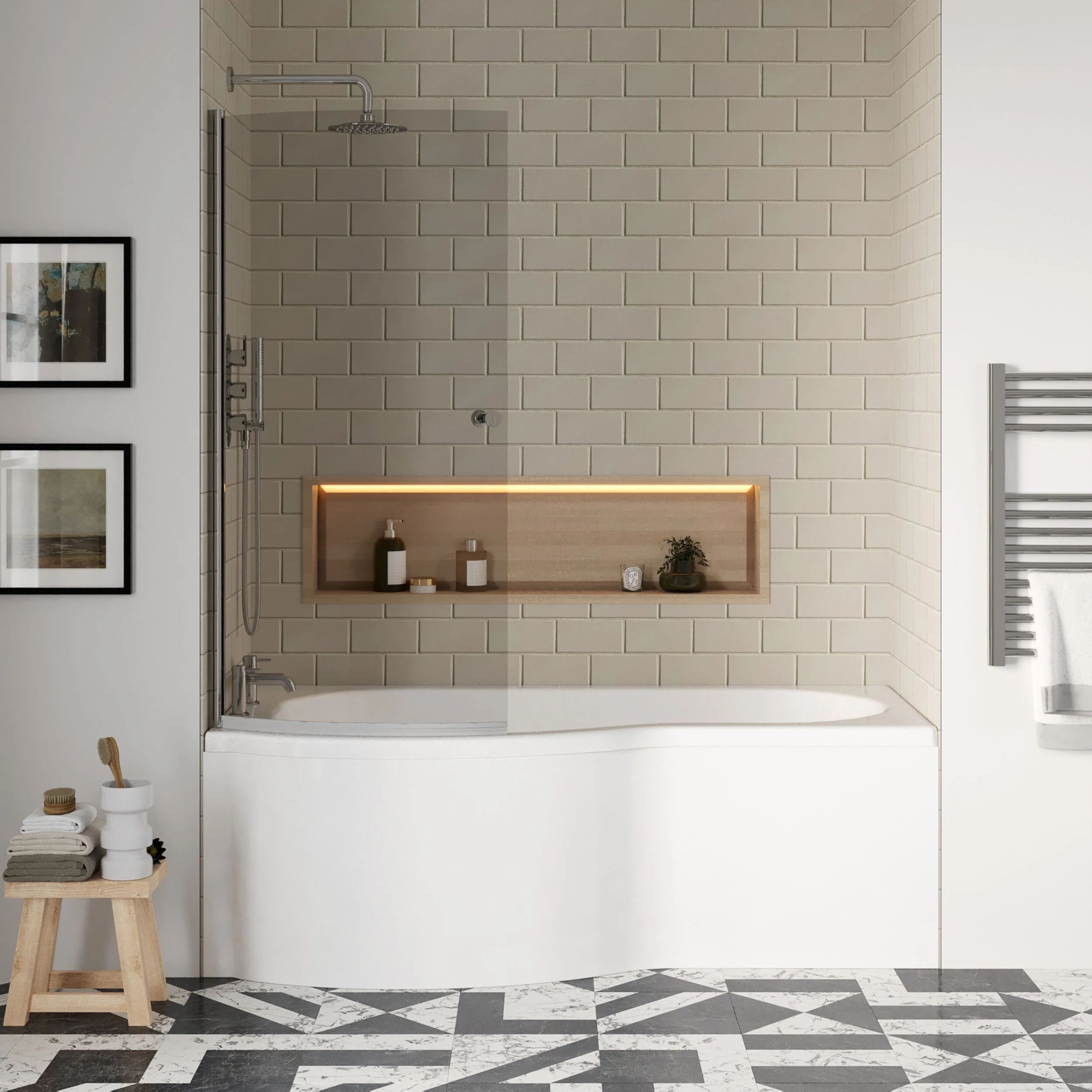 P Shape 1700x850 Left Hand Shower Bath Set - Squared Front Panel, Curved P Bath Screen with Knob & Leg Set - Image 2