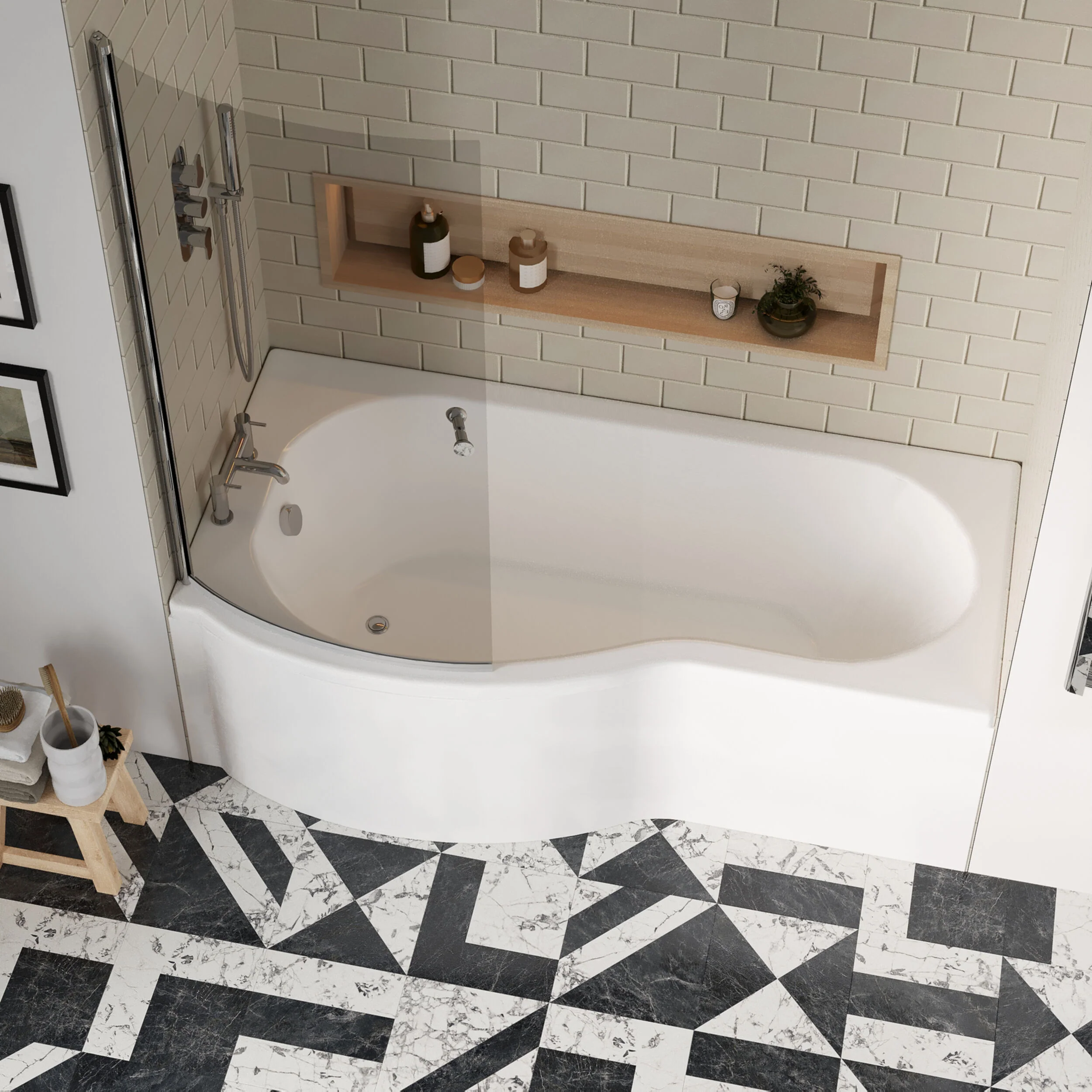 P Shape 1700x850 Left Hand Shower Bath Set - Squared Front Panel, Curved P Bath Screen with Knob & Leg Set - Image 3