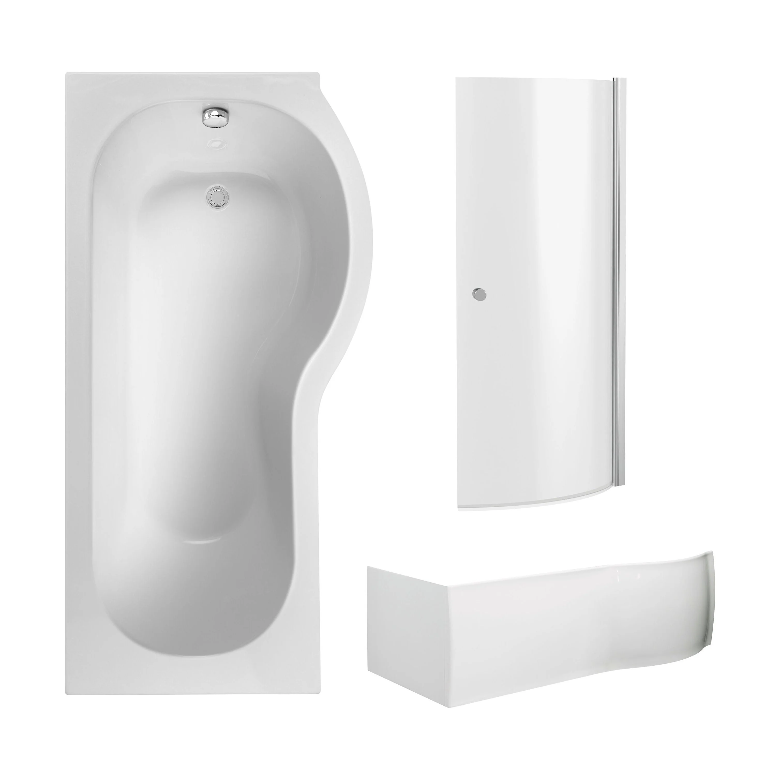 P Shape 1700x850 Right Hand Shower Bath Set - Screen with Knob - Chrome, P Bath Front Panel