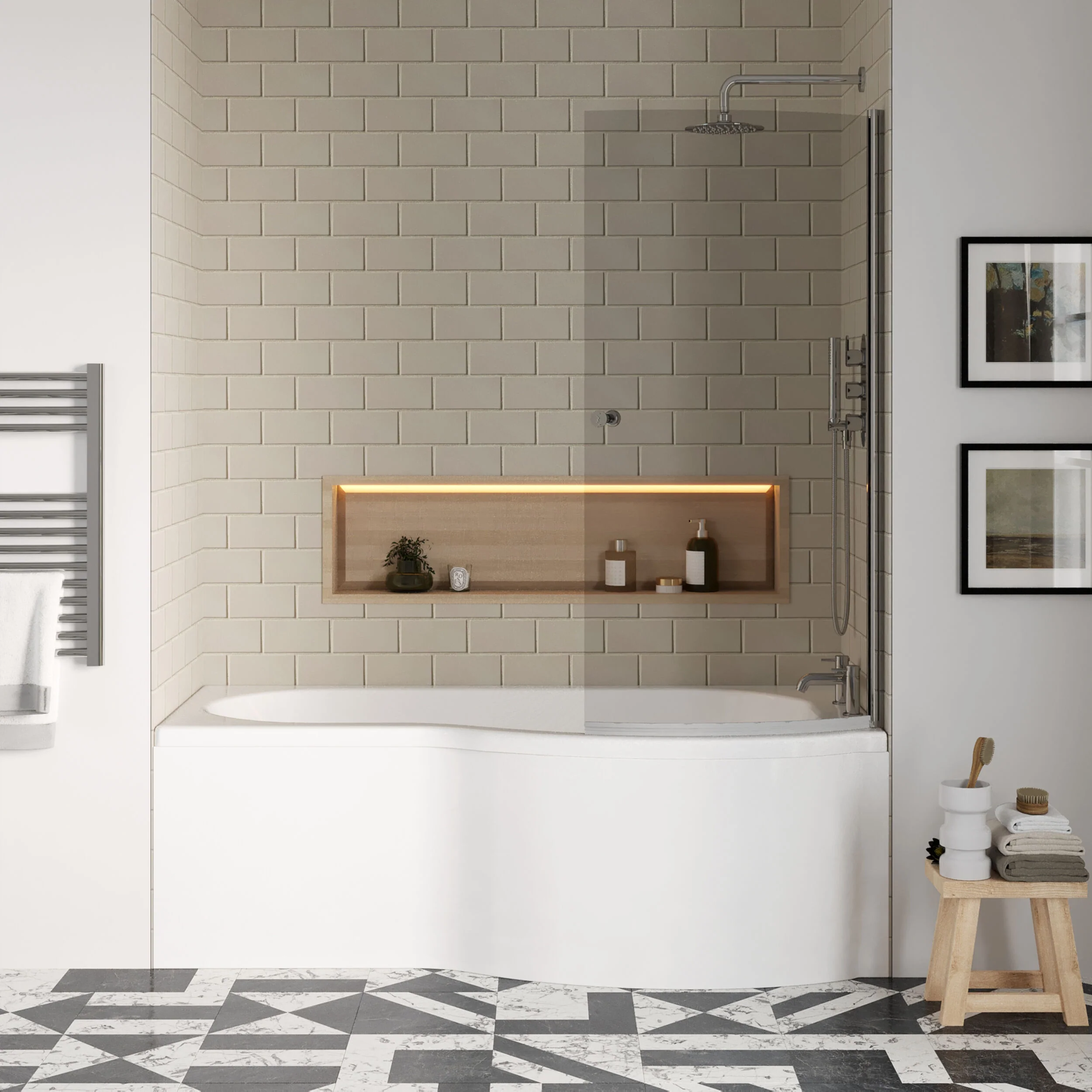 P Shape 1700x850 Right Hand Shower Bath Set - Screen with Knob - Chrome, P Bath Front Panel - Image 2