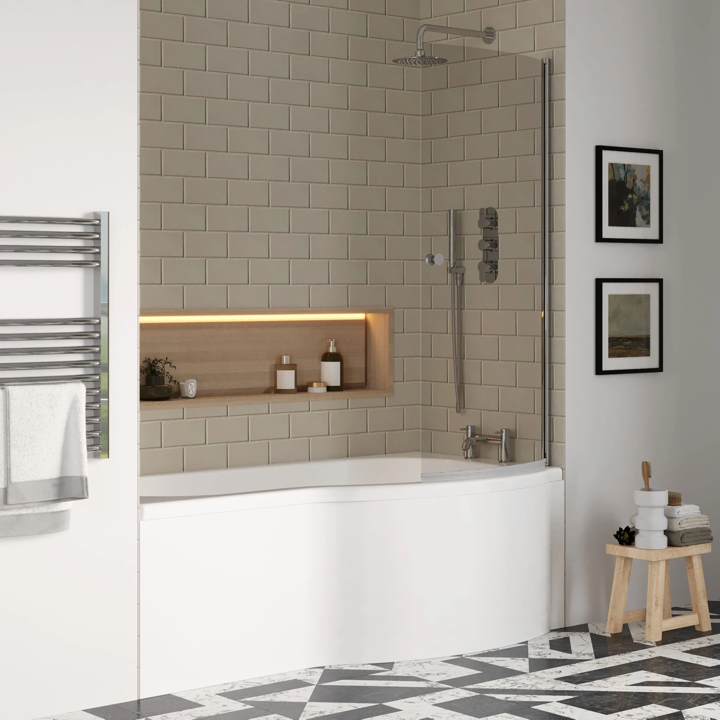 P Shape 1700x850 Right Hand Shower Bath Set - Screen with Knob - Chrome, P Bath Front Panel - Image 4