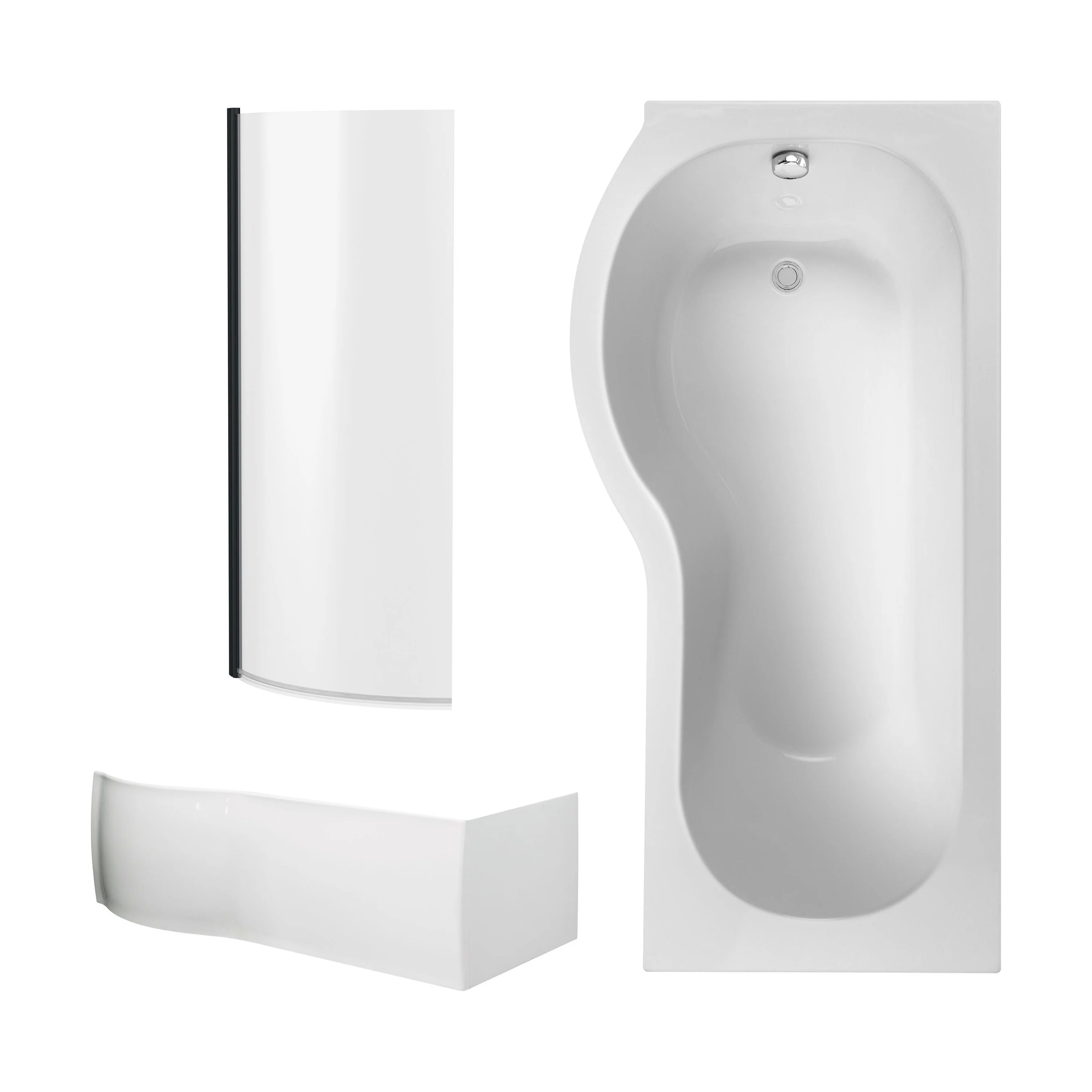 P Shape 1700x850 Left Hand Shower Bath Set - Front Panel, Matt Black Curved P Bath Screen & Leg Set