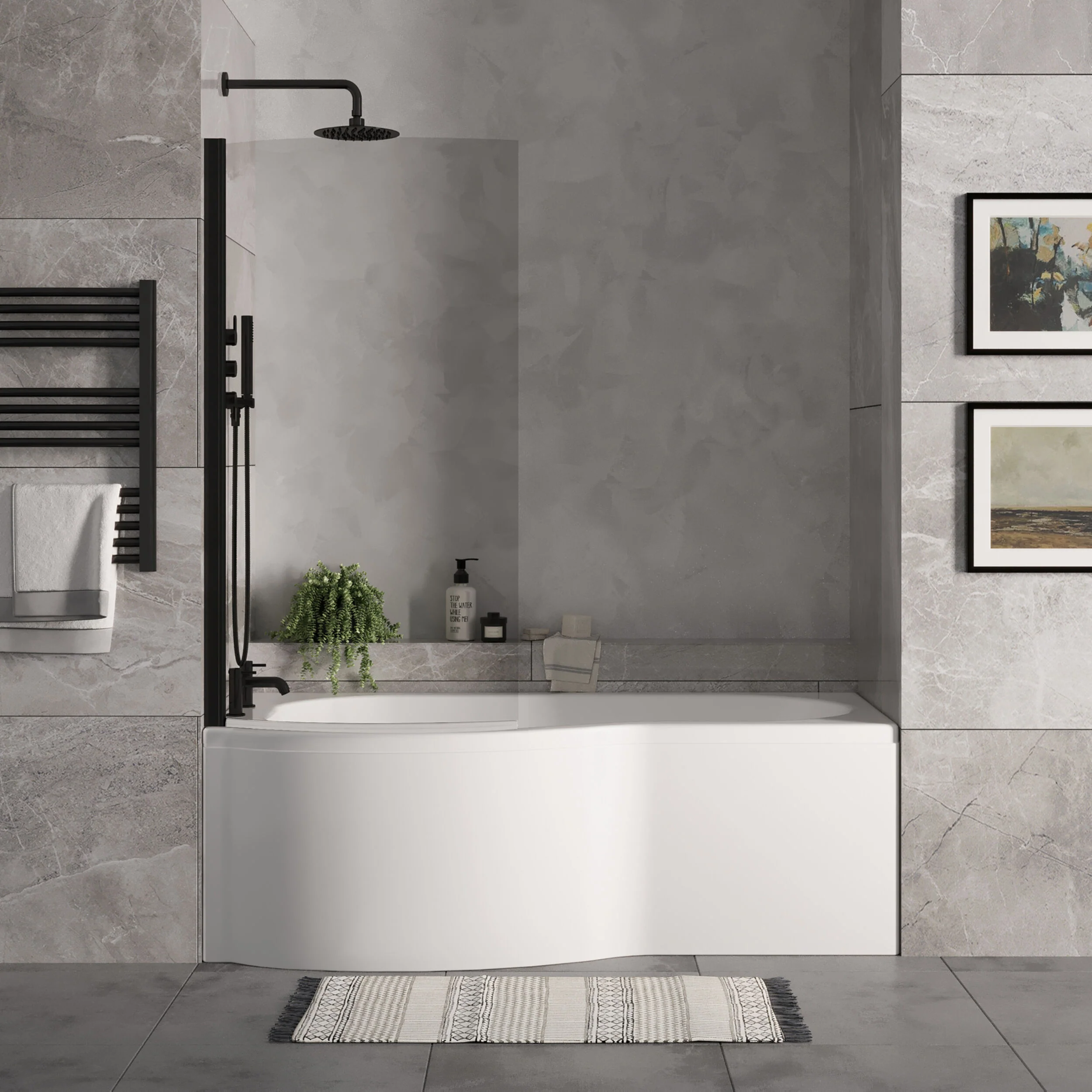 P Shape 1700x850 Left Hand Shower Bath Set - Front Panel, Matt Black Curved P Bath Screen & Leg Set - Image 2