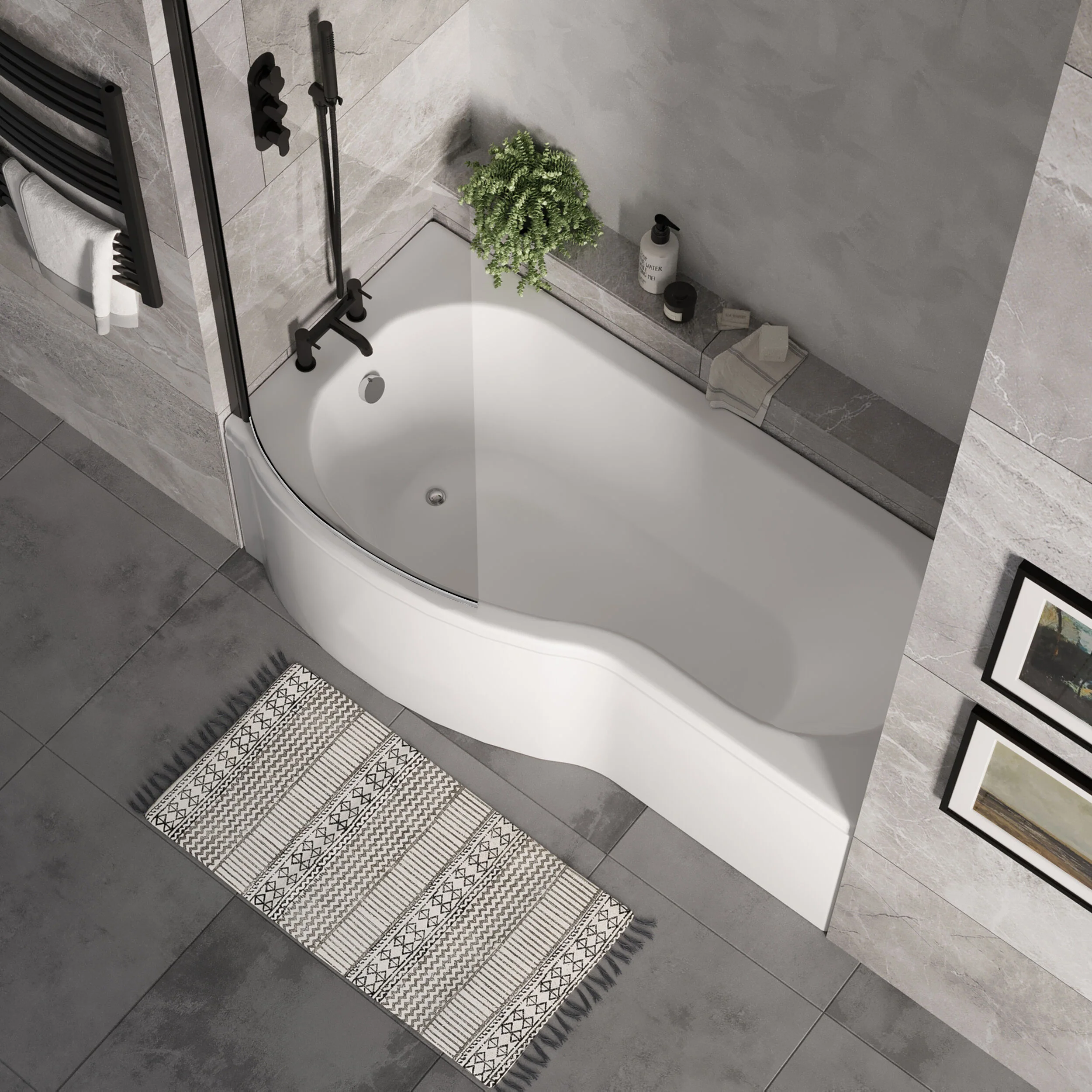 P Shape 1700x850 Left Hand Shower Bath Set - Front Panel, Matt Black Curved P Bath Screen & Leg Set - Image 3