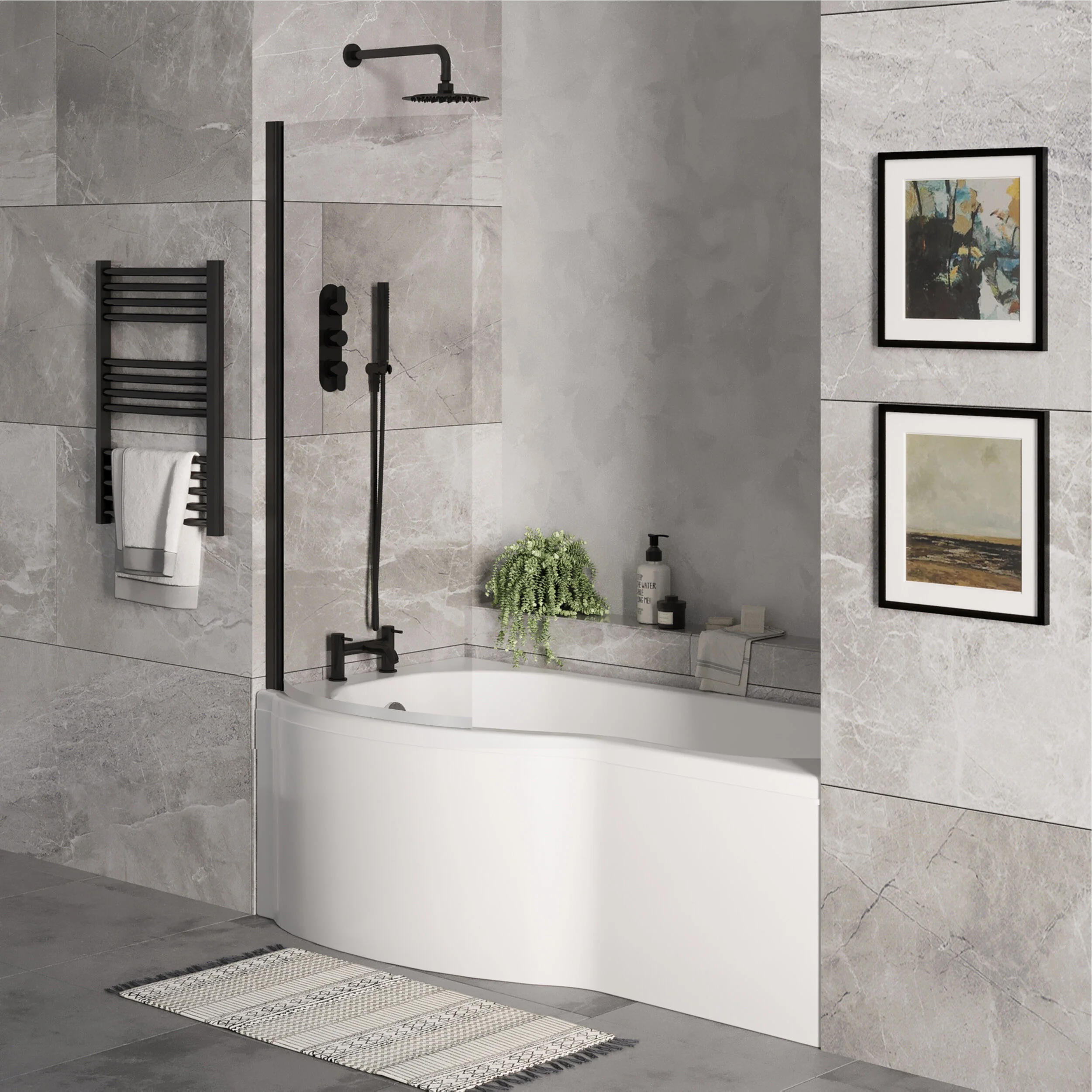 P Shape 1700x850 Left Hand Shower Bath Set - Front Panel, Matt Black Curved P Bath Screen & Leg Set - Image 4