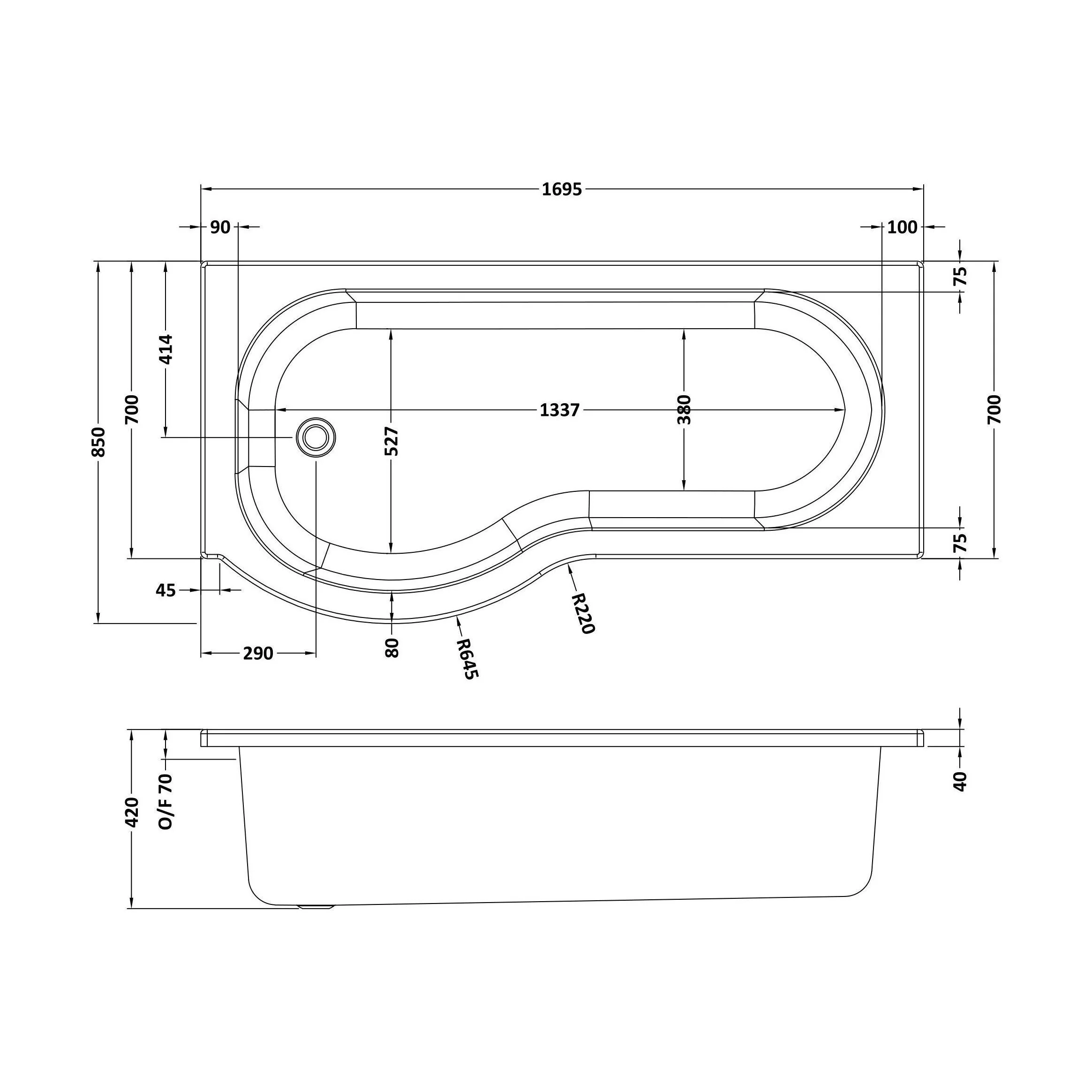 P Shape 1700x850 Left Hand Shower Bath Set - Front Panel, Matt Black Curved P Bath Screen & Leg Set - Image 5