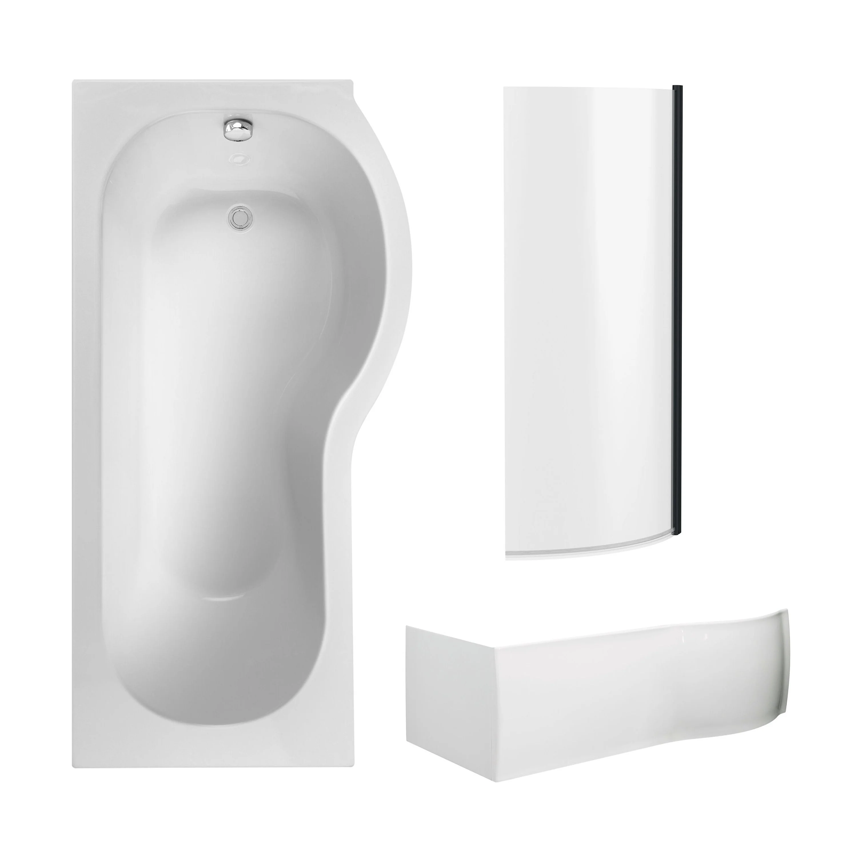 P Shape 1700x850 Right Hand Shower Bath Set - P Shape Front Panel, Black Bath Screen & Leg Set