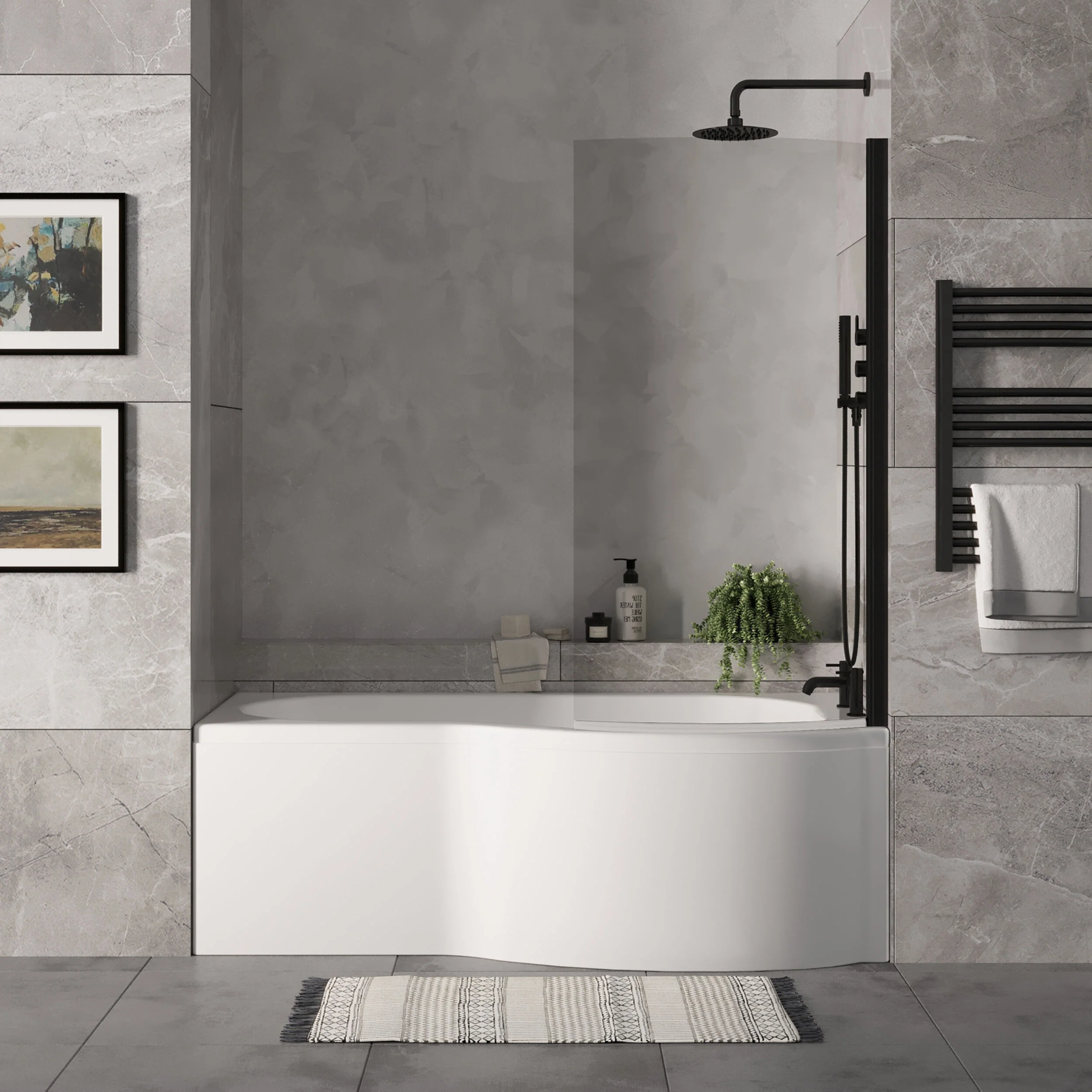 P Shape 1700x850 Right Hand Shower Bath Set - P Shape Front Panel, Black Bath Screen & Leg Set - Image 2