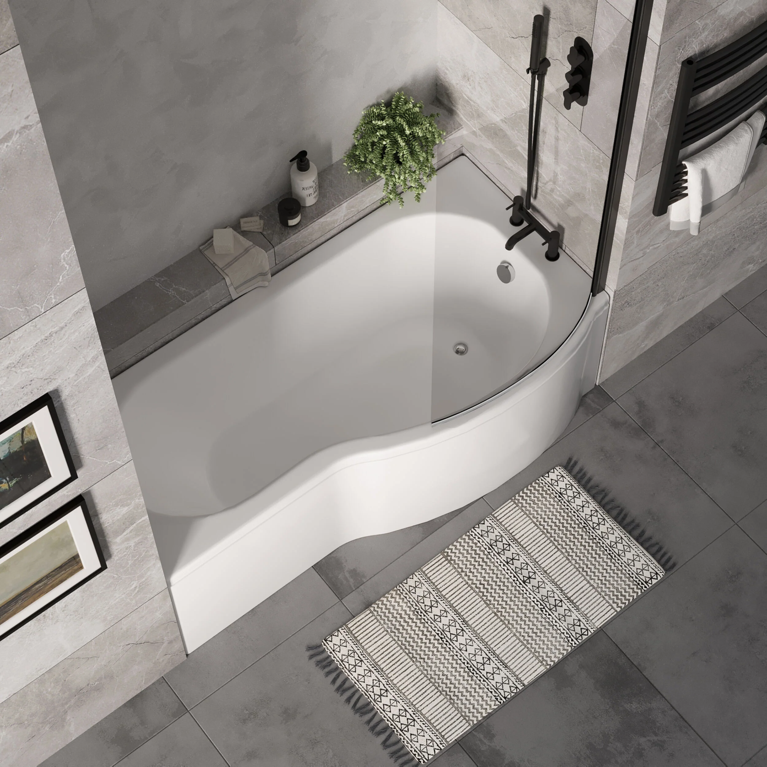 P Shape 1700x850 Right Hand Shower Bath Set - P Shape Front Panel, Black Bath Screen & Leg Set - Image 3