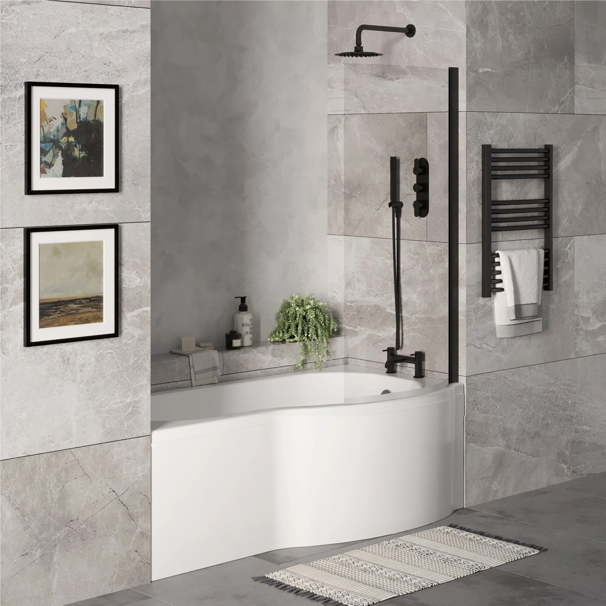 P Shape 1700x850 Right Hand Shower Bath Set - P Shape Front Panel, Black Bath Screen & Leg Set - Image 4