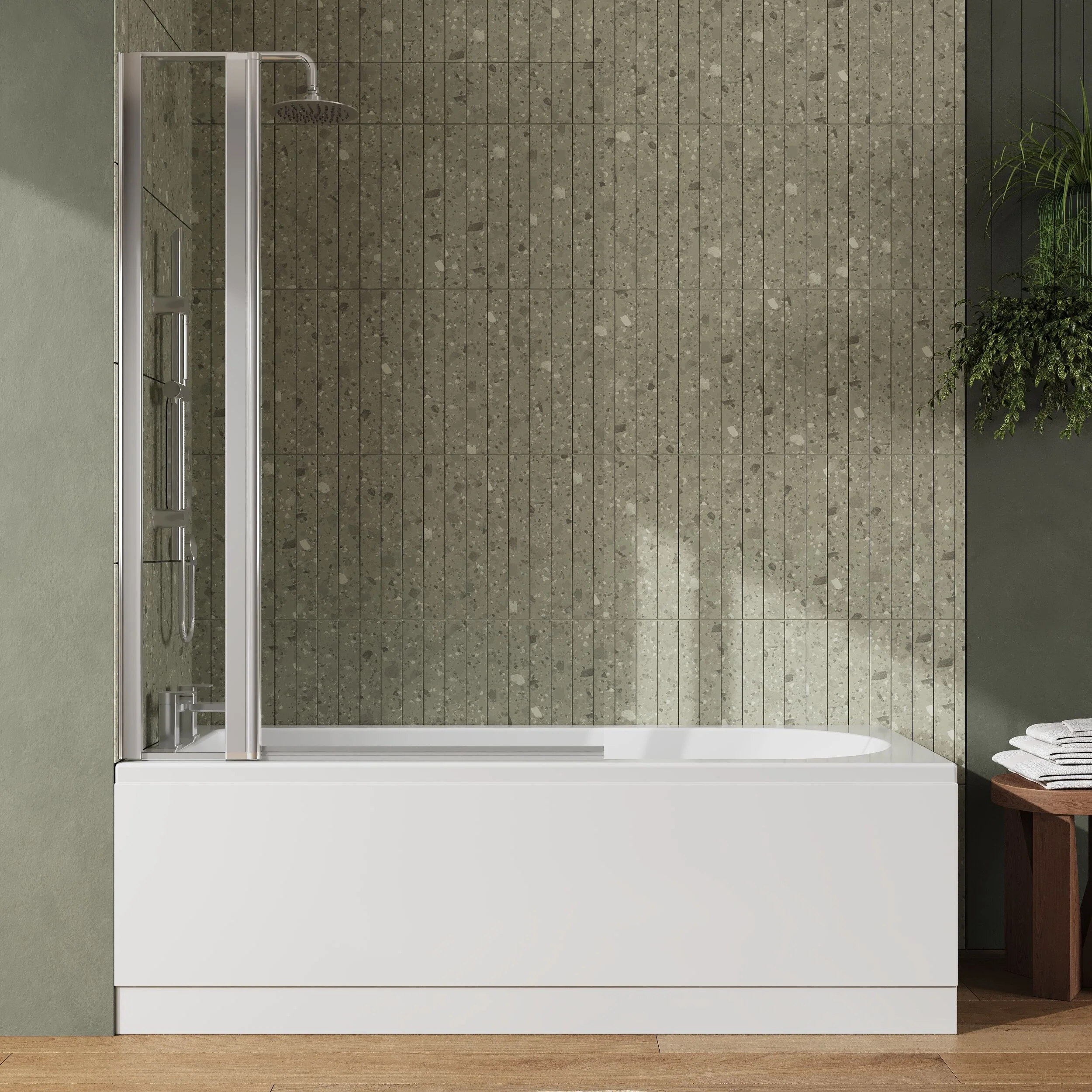 Round Single Ended 1700x700 Shower Bath Set - Front Panel, Chrome Square Bath Screen, Fixed Panel & Leg Set - Image 2