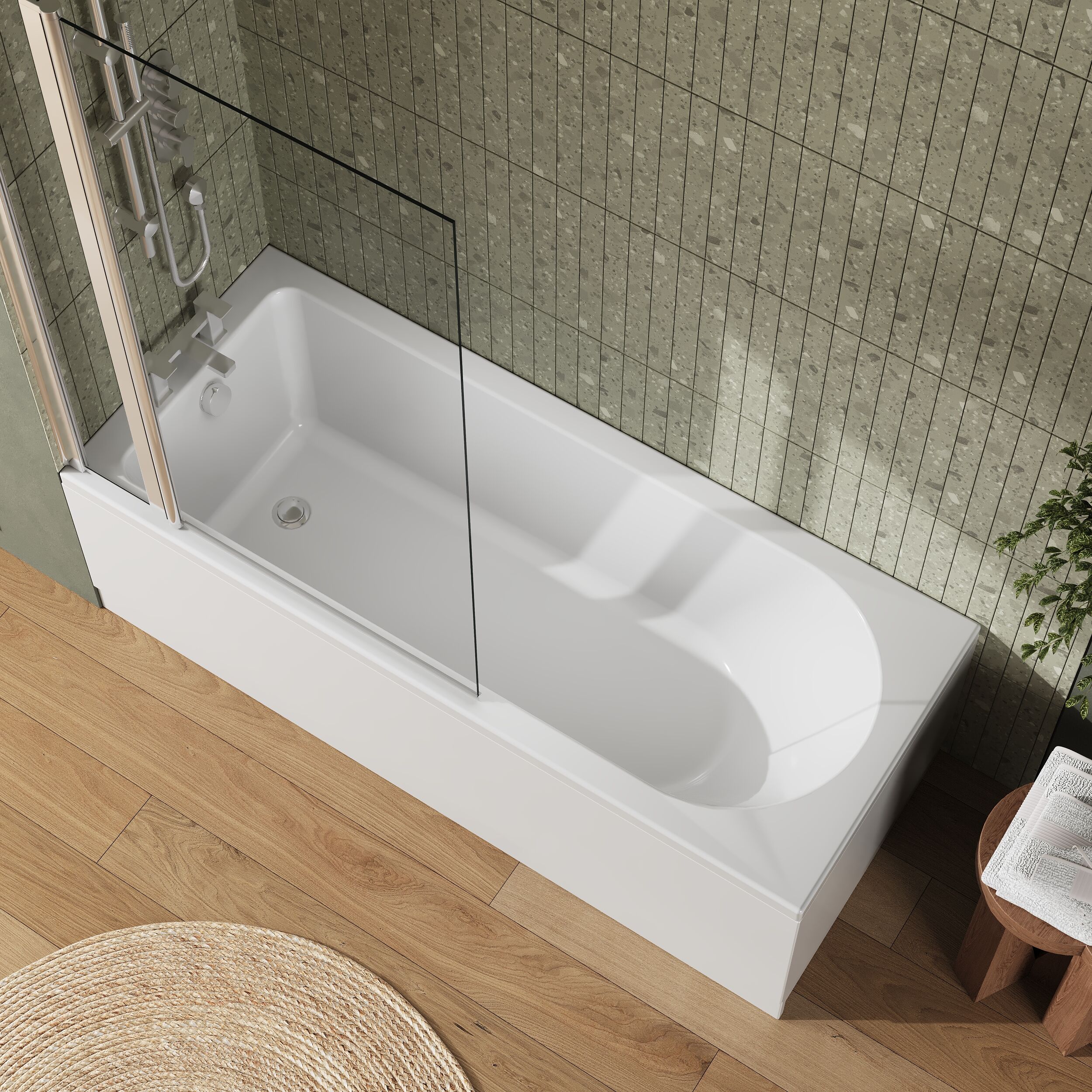 Round Single Ended 1700x700 Shower Bath Set - Front Panel, Chrome Square Bath Screen, Fixed Panel & Leg Set - Image 3