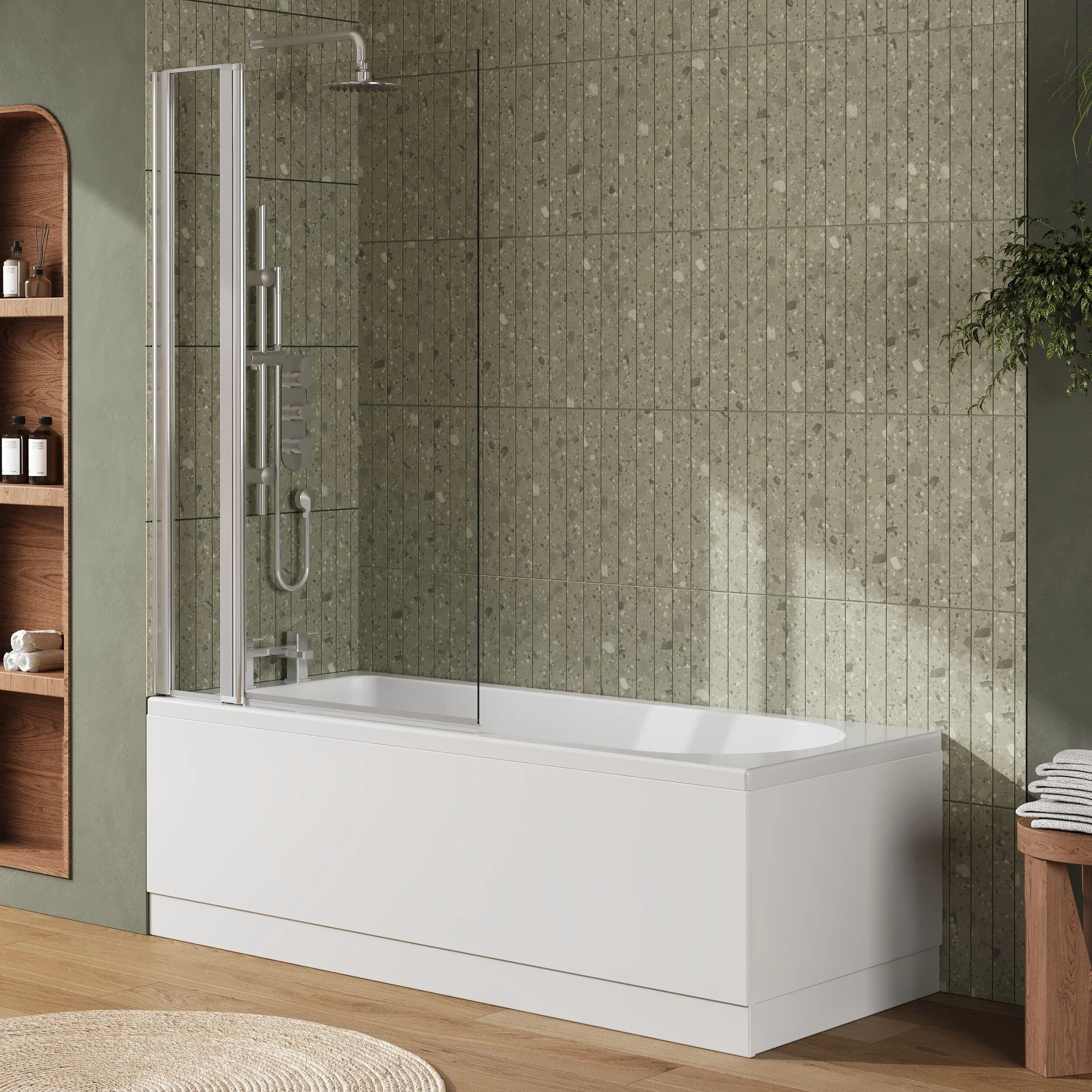 Round Single Ended 1700x700 Shower Bath Set - Front Panel, Chrome Square Bath Screen, Fixed Panel & Leg Set - Image 4