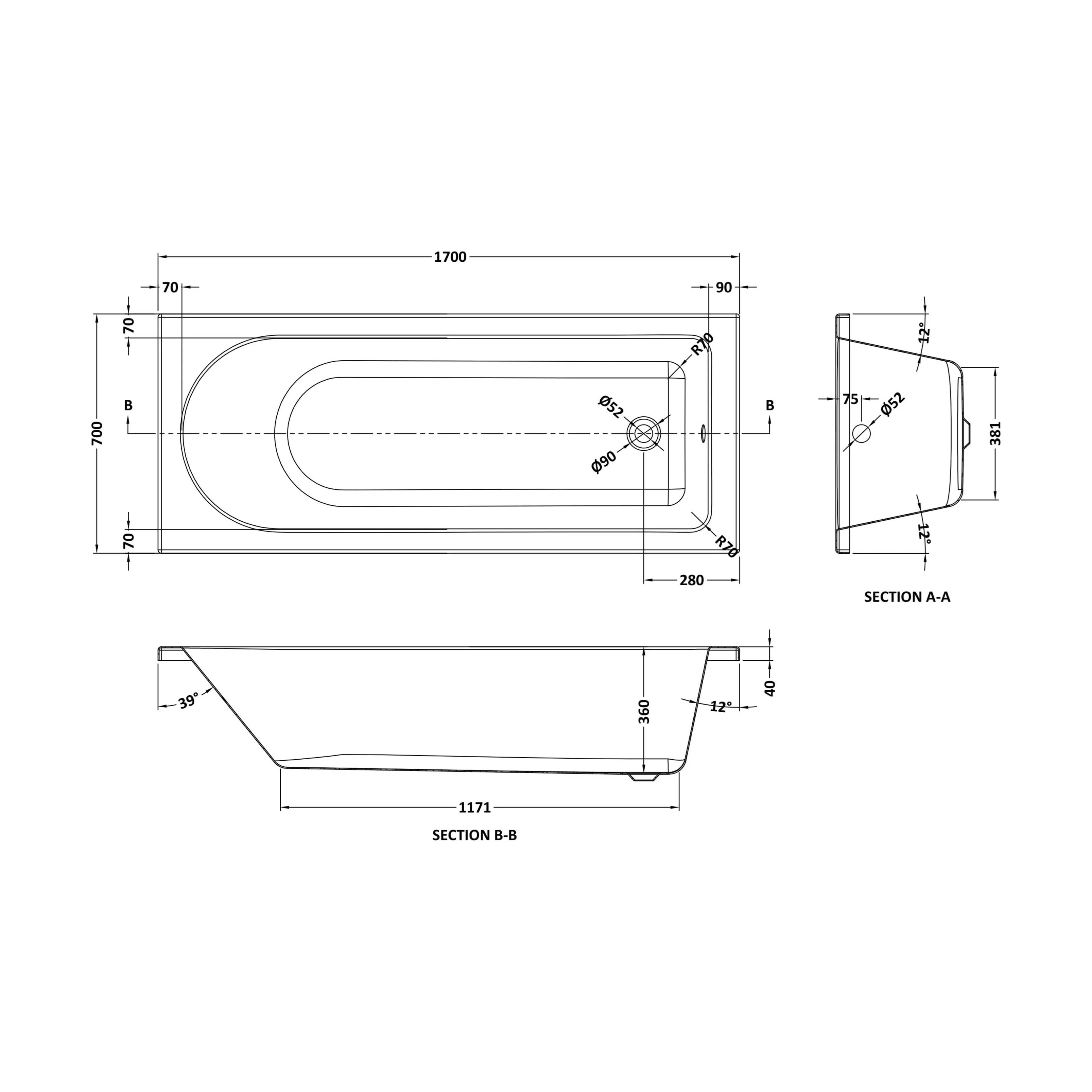 Round Single Ended 1700x700 Shower Bath Set - Front Panel, Chrome Fixed Bath Screen & Leg Set - Image 2