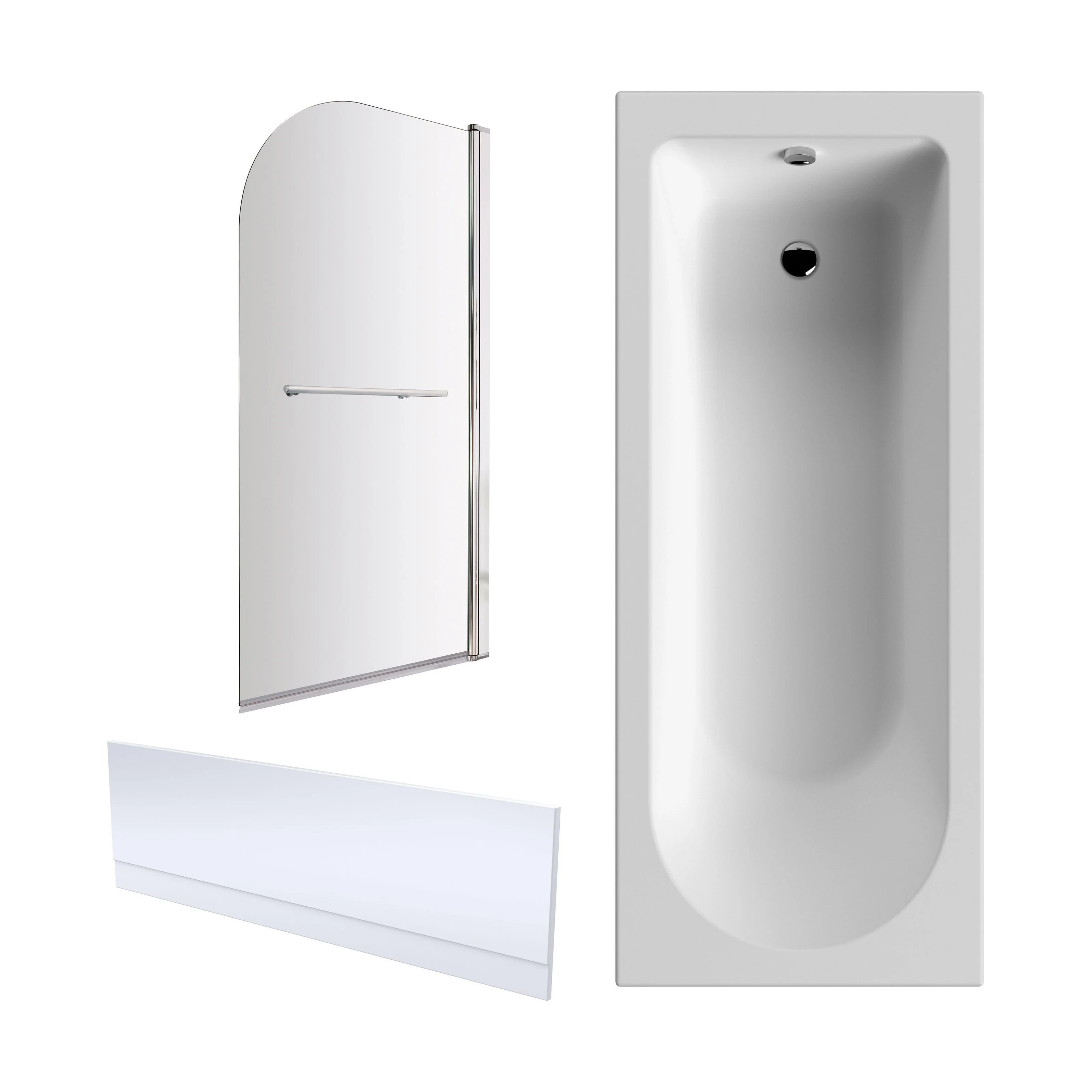 Round Single Ended 1700x700 Shower Bath Set - Front Panel, Chrome Straight Bath Screen with Towel Rail & Leg Set