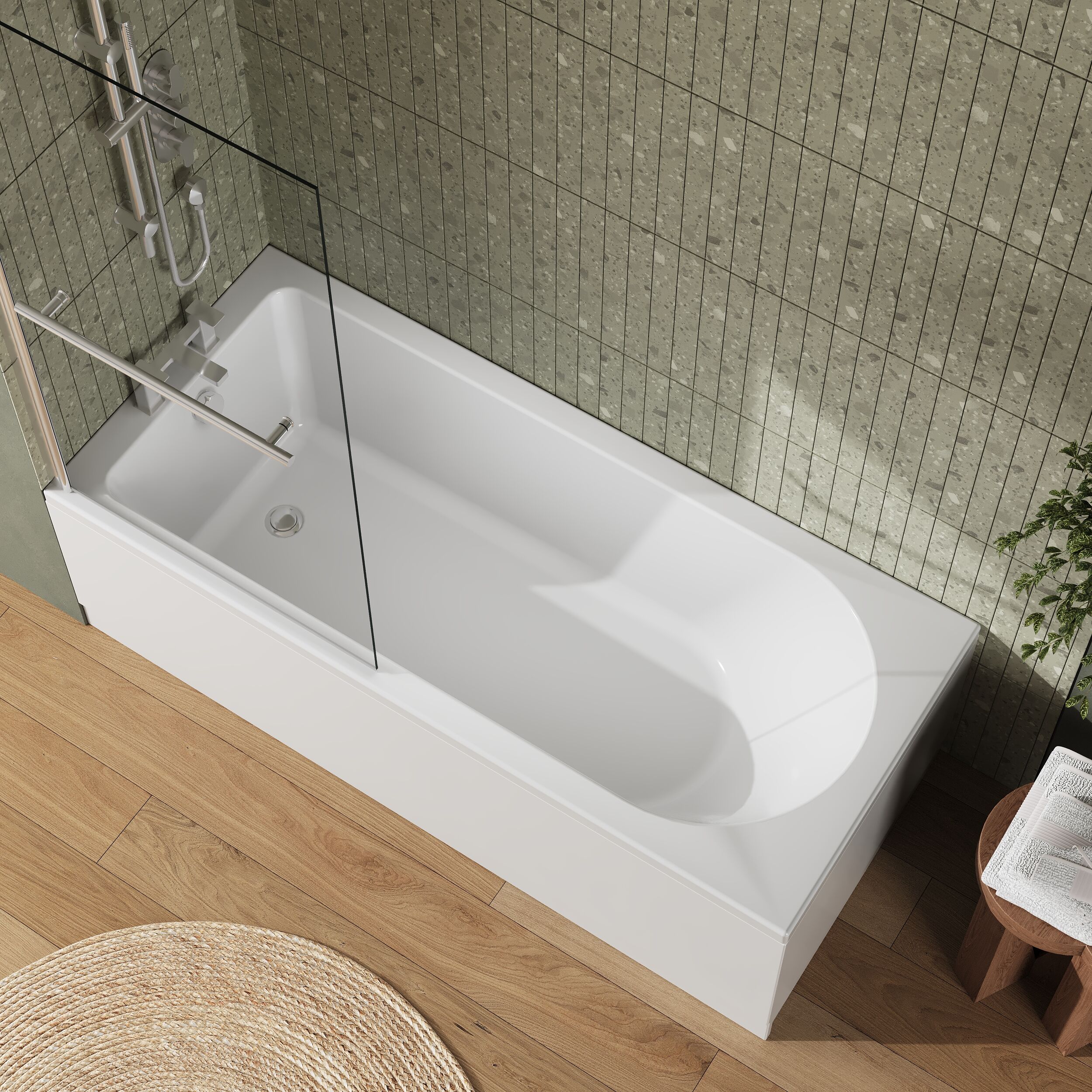 Round Single Ended 1700x750 Shower Bath Set - Front Panel & Chrome Screen with Towel Rail - Image 3