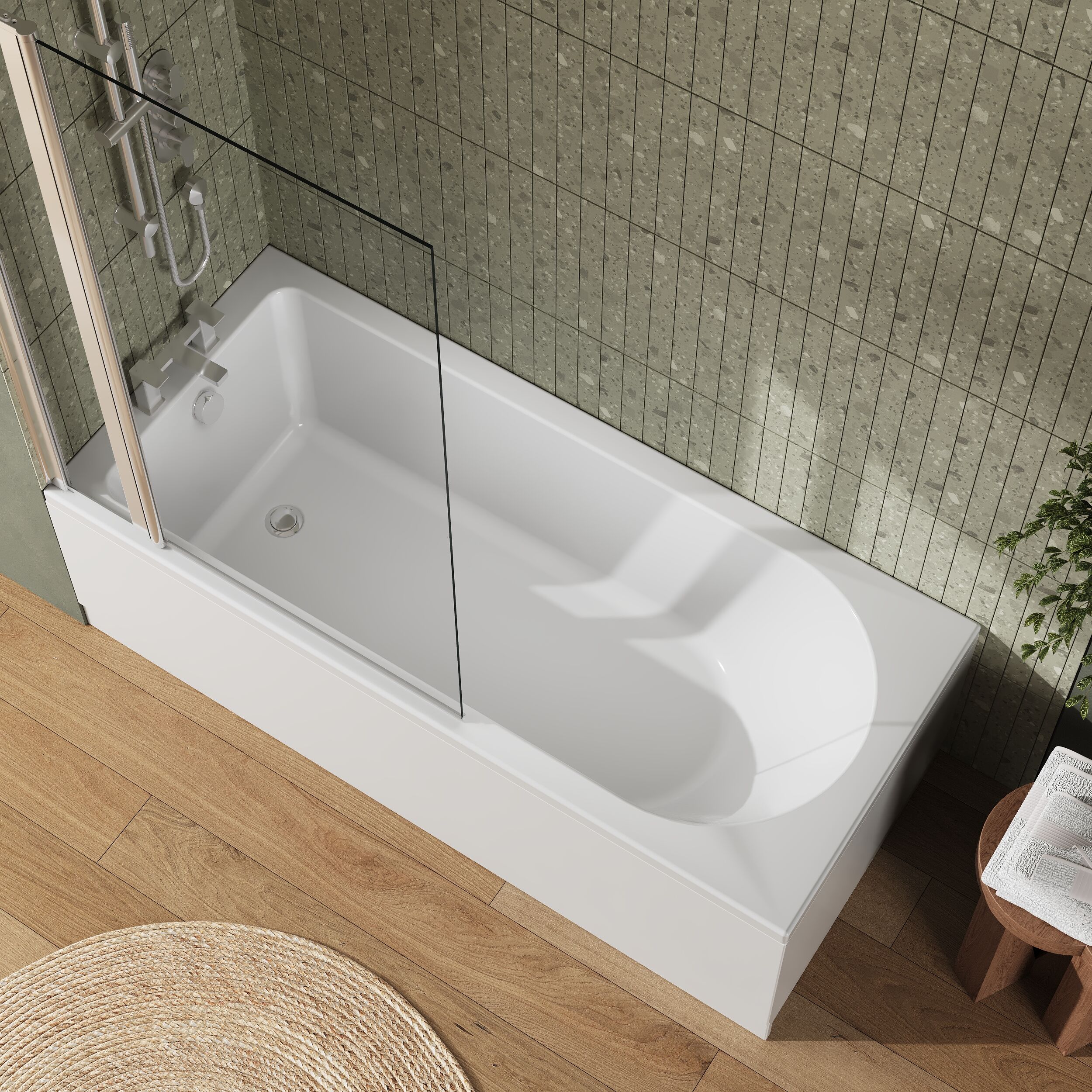 Round Single Ended 1700x750 Shower Bath Set - Front Panel, Chrome Square Bath Screen with Fixed Panel & Leg Set - Image 3