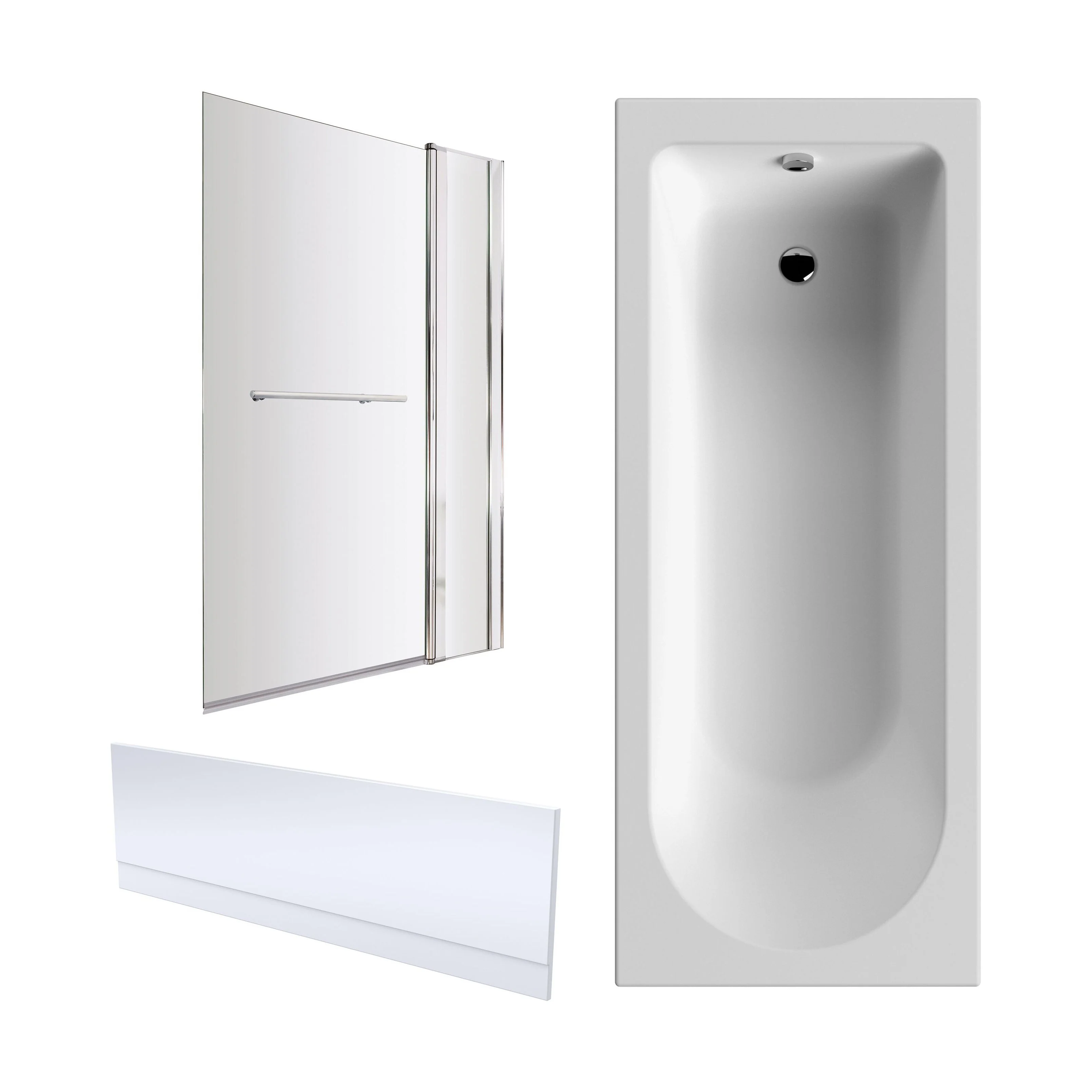 Round Single Ended 1700x750 Shower Bath Set - Front Panel, Chrome Fixed Bath Screen & Leg Set