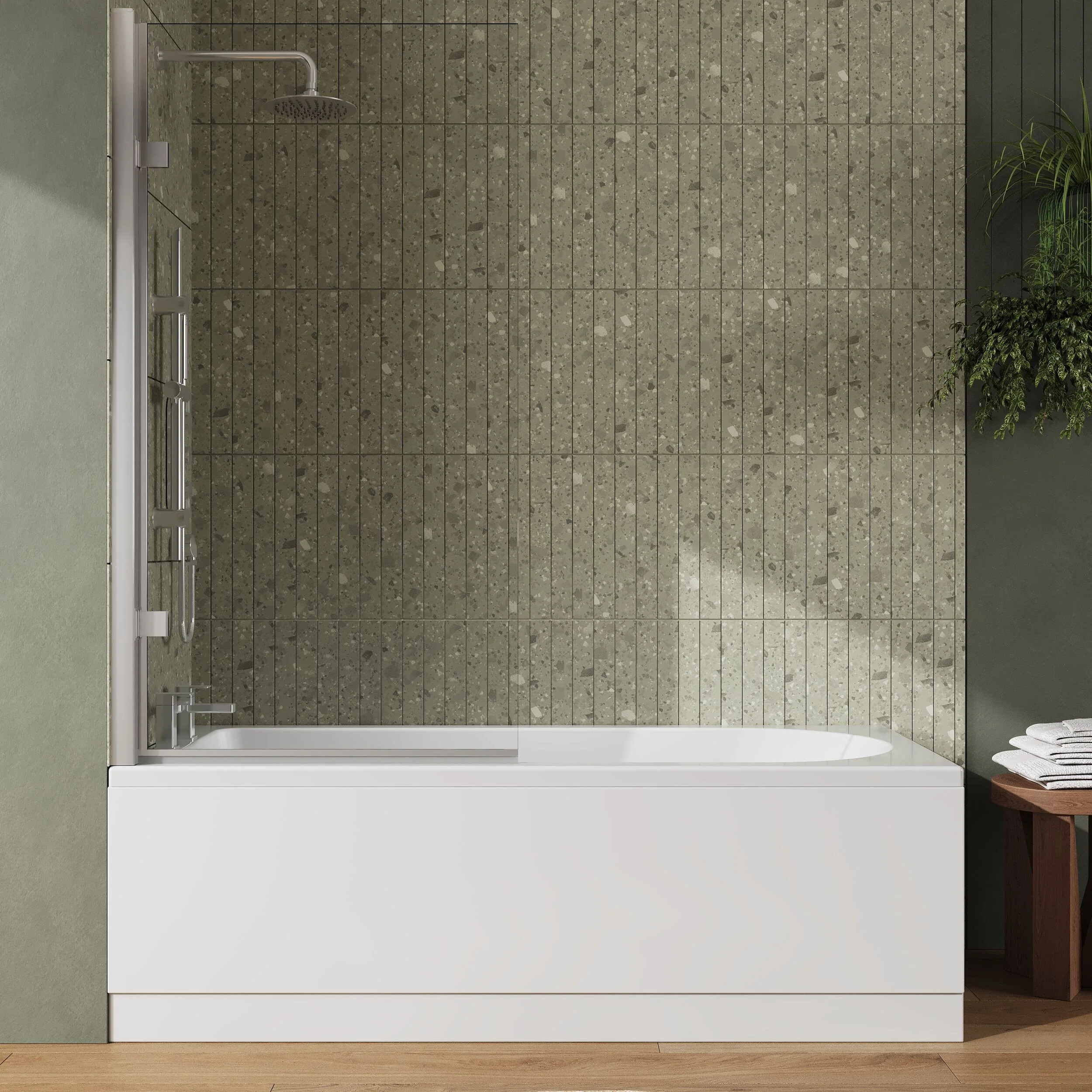 Round Single Ended 1700x750 Shower Bath Set - Front Panel, Hinged Screen - Chrome - Image 2
