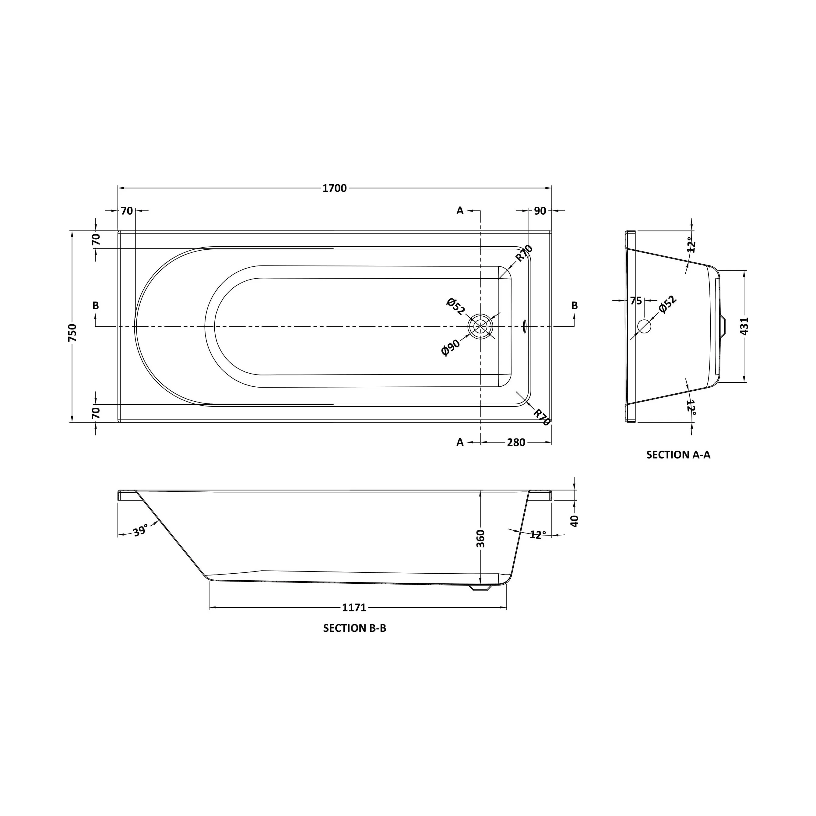 Round Single Ended 1700x750 Shower Bath Set - Front Panel, Round Bath Screen, Fixed Panel & Leg Set - Image 2