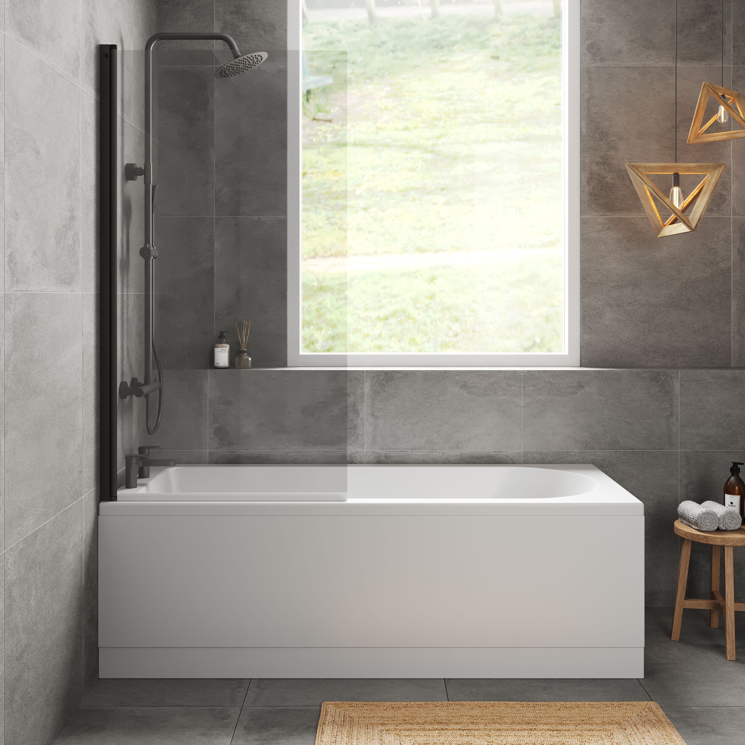 Round Single Ended 1700x700 Shower Bath Set - Front Panel, Square Bath Screen - Black - Image 2
