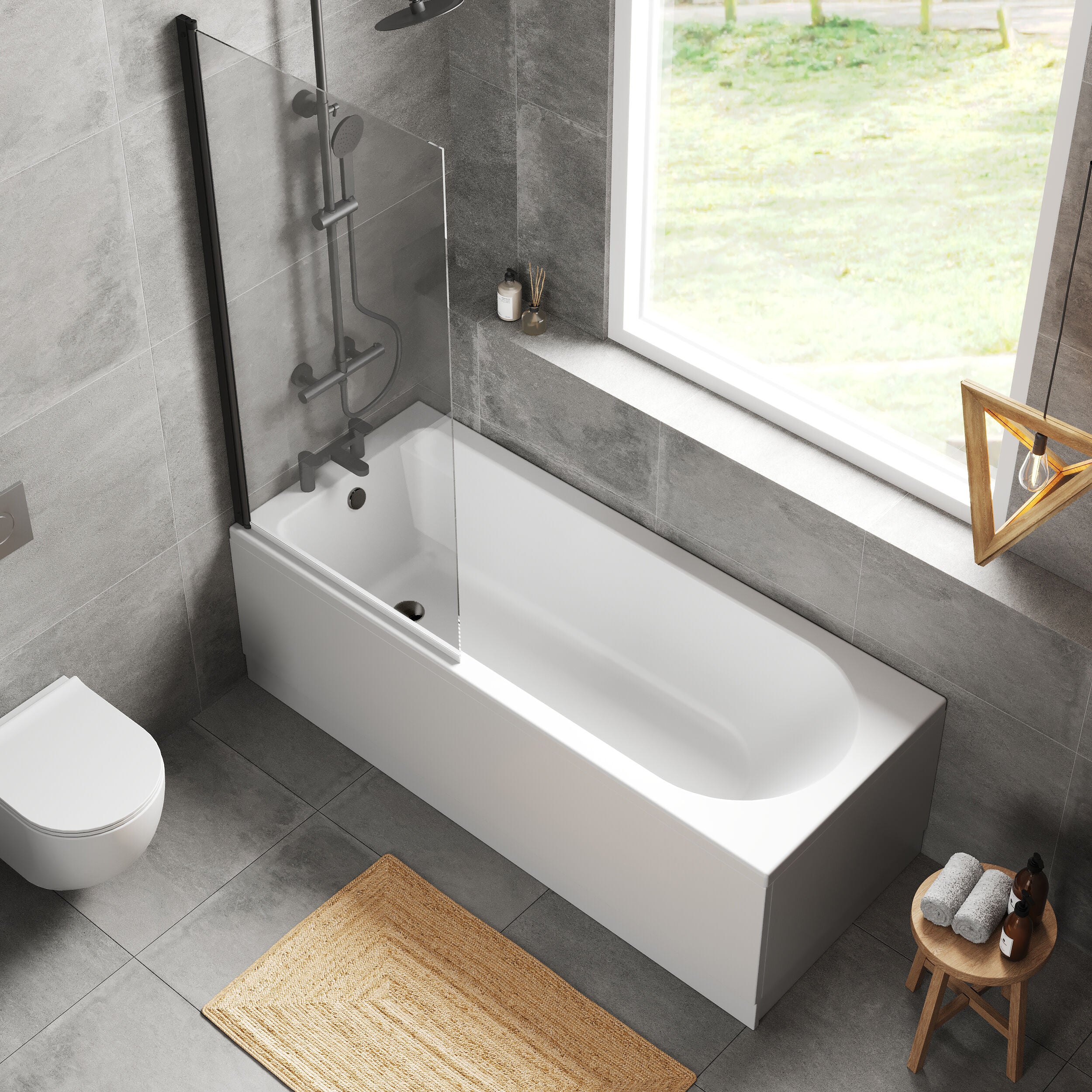 Round Single Ended 1700x700 Shower Bath Set - Front Panel, Square Bath Screen - Black - Image 3