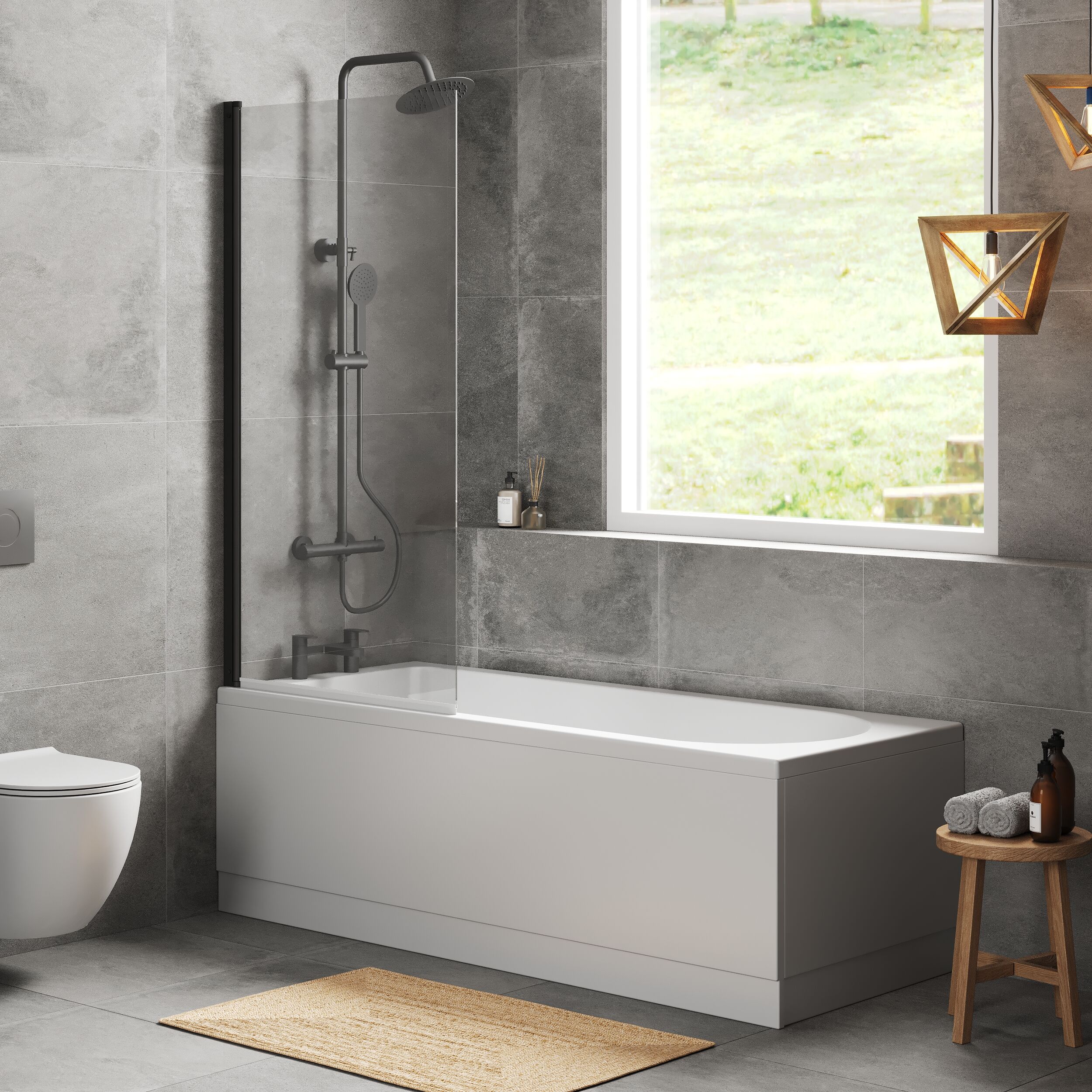 Round Single Ended 1700x700 Shower Bath Set - Front Panel, Square Bath Screen - Black - Image 4