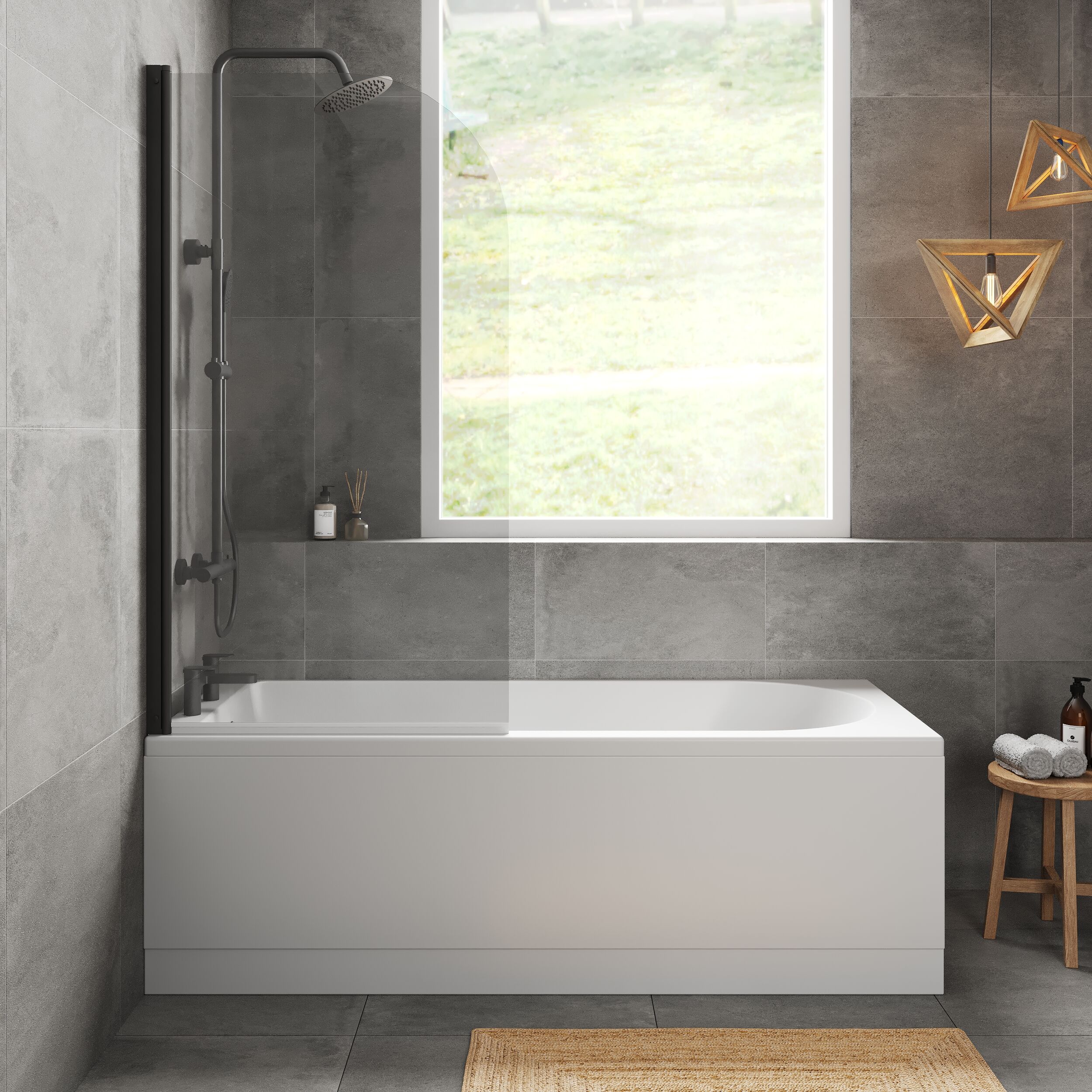 Round Single Ended 1700x750 Shower Bath Set - Front Panel, Round Bath Screen - Black - Image 2