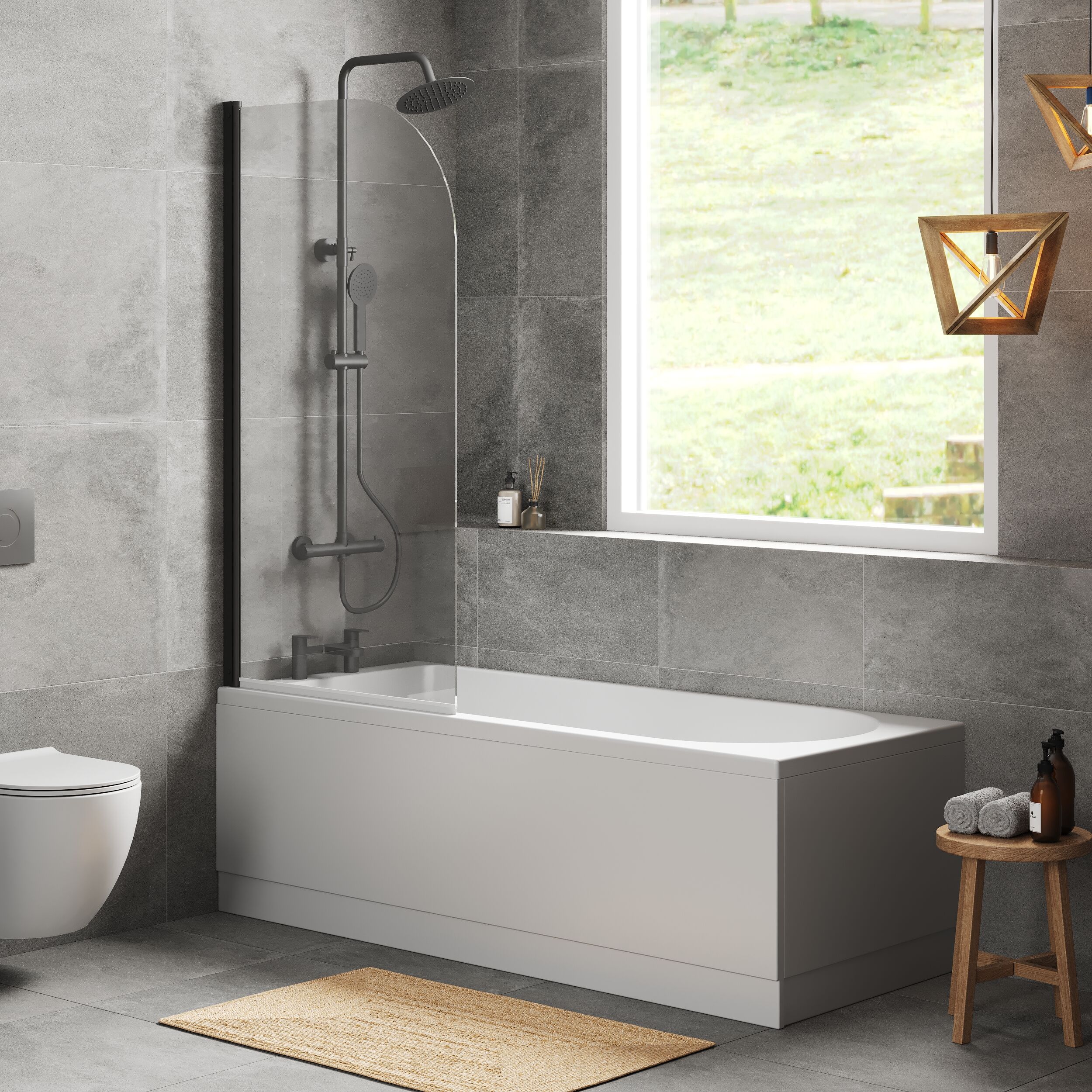 Round Single Ended 1700x750 Shower Bath Set - Front Panel, Round Bath Screen - Black - Image 4