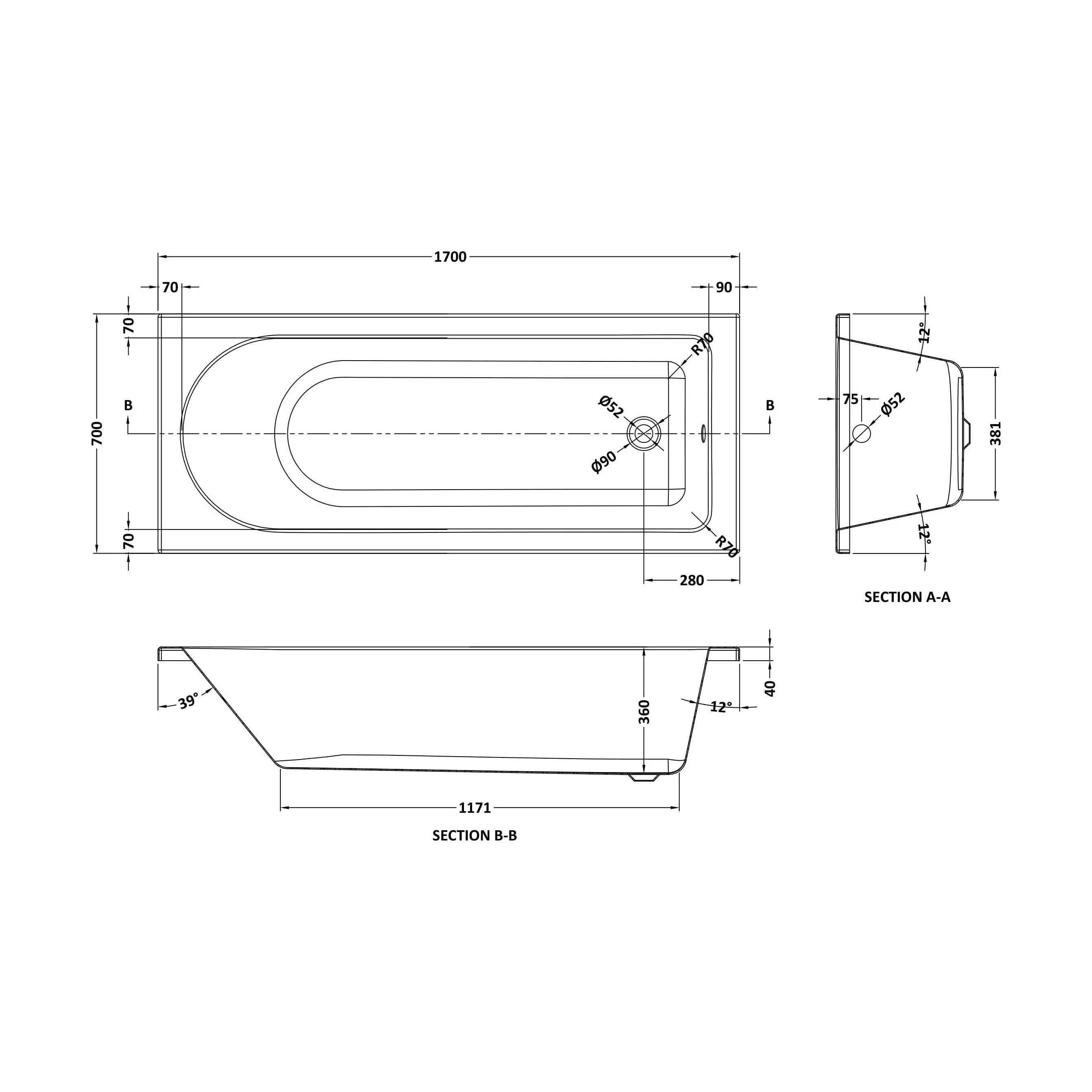 Round Single Ended 1700x700 Shower Bath Set - Front Panel, Round Bath Screen, Fixings & Leg Set - Image 5
