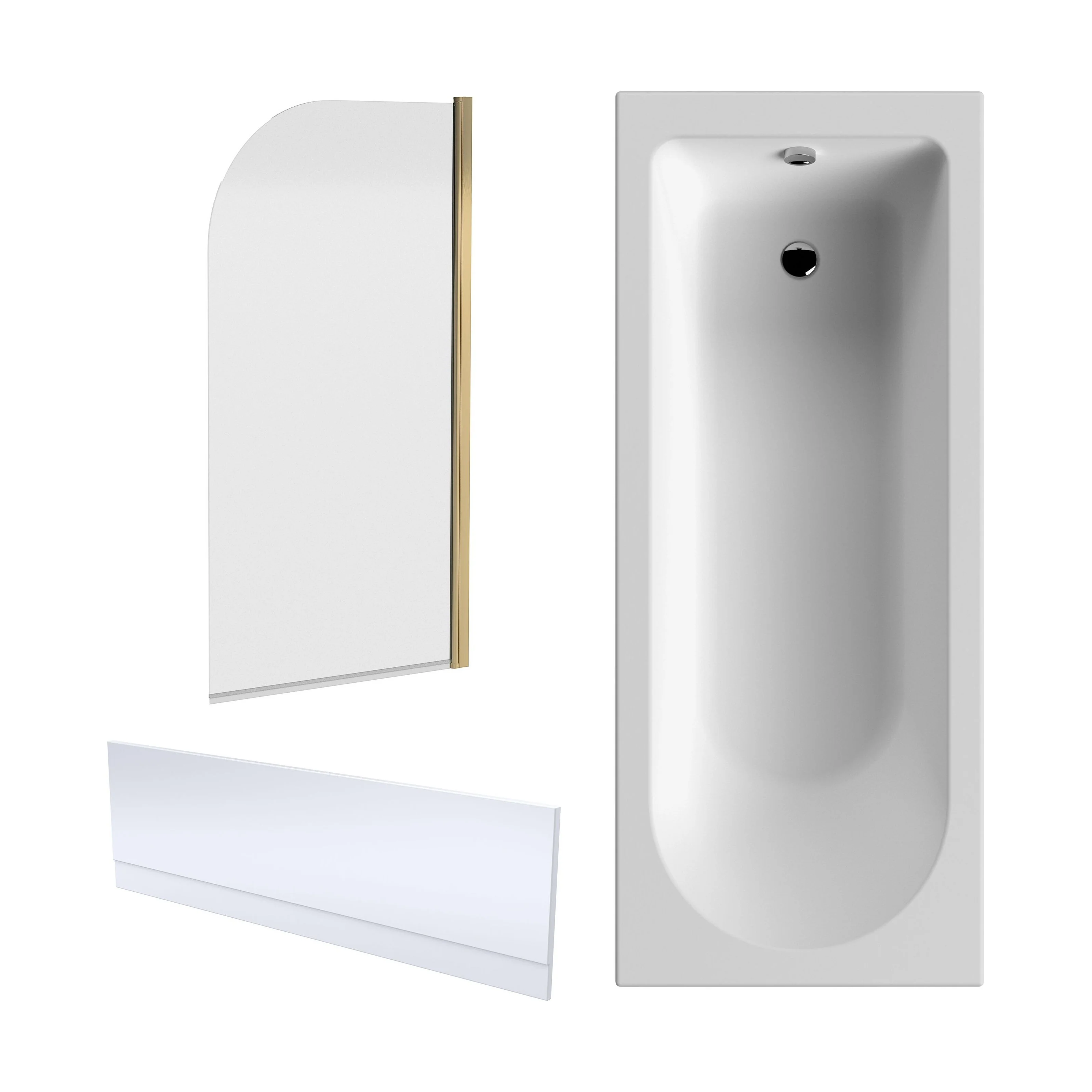 Round Single Ended 1700x700 Shower Bath Set - Front Panel, Brushed Brass Round Bath Screen & Leg Set