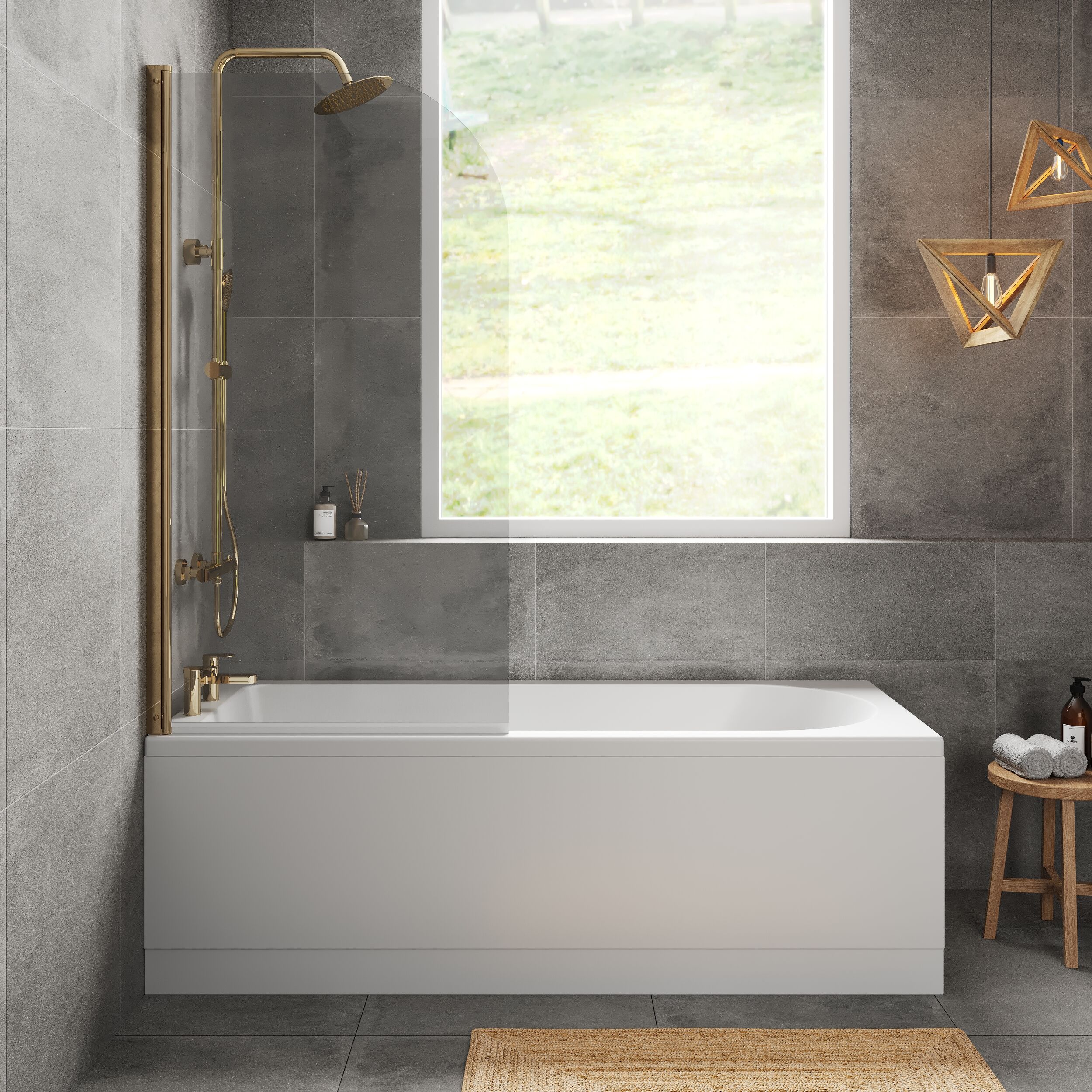 Round Single Ended 1700x700 Shower Bath Set - Front Panel, Brushed Brass Round Bath Screen & Leg Set - Image 2