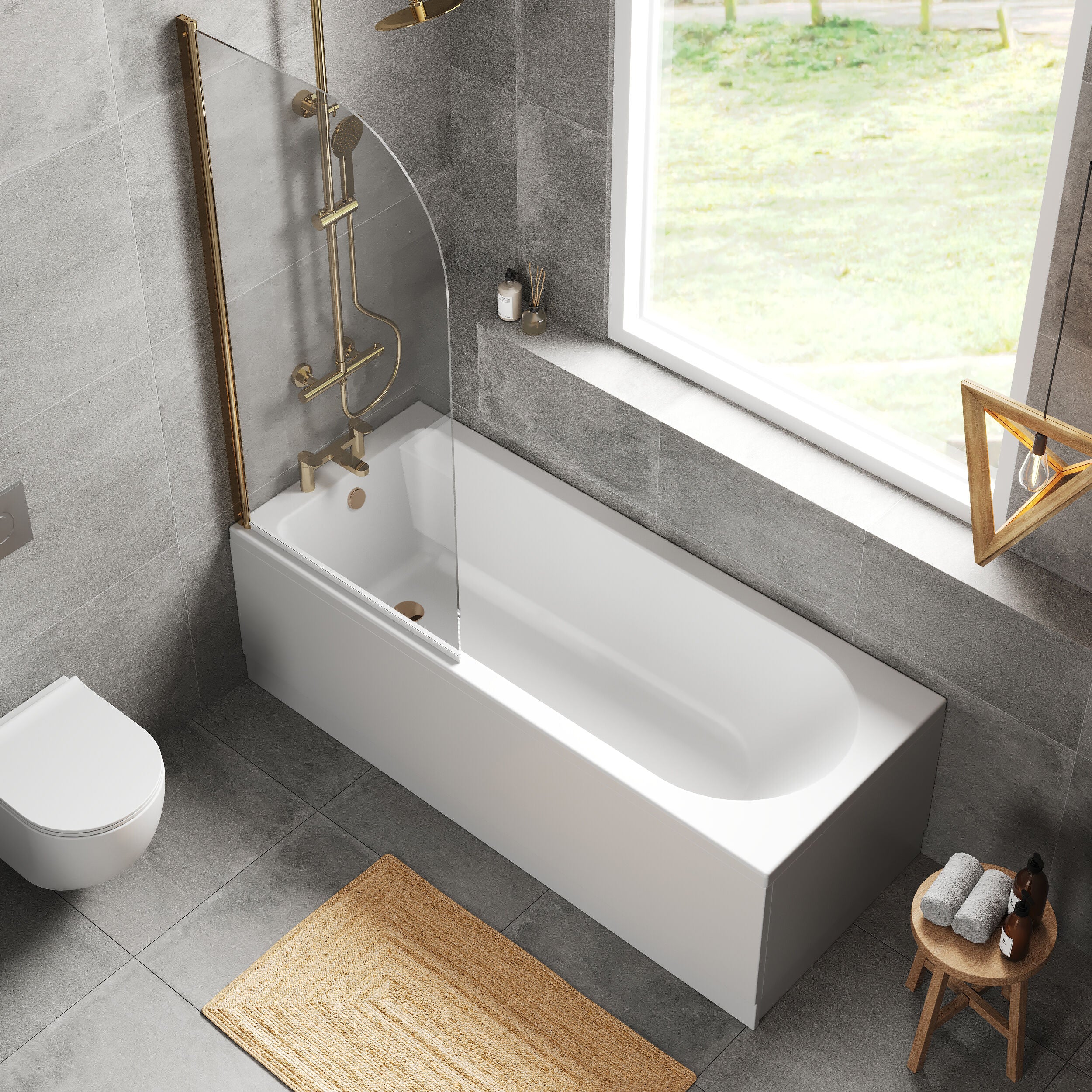 Round Single Ended 1700x700 Shower Bath Set - Front Panel, Brushed Brass Round Bath Screen & Leg Set - Image 3