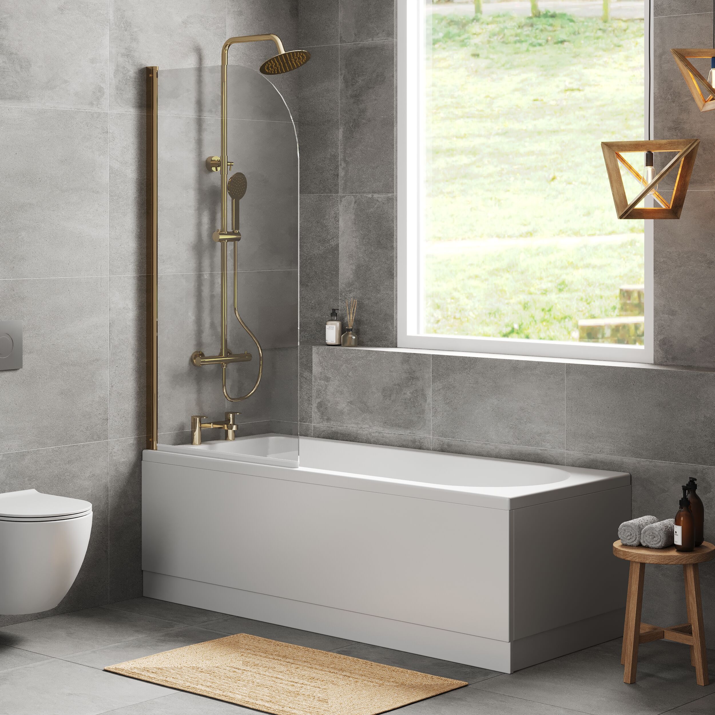 Round Single Ended 1700x700 Shower Bath Set - Front Panel, Brushed Brass Round Bath Screen & Leg Set - Image 4