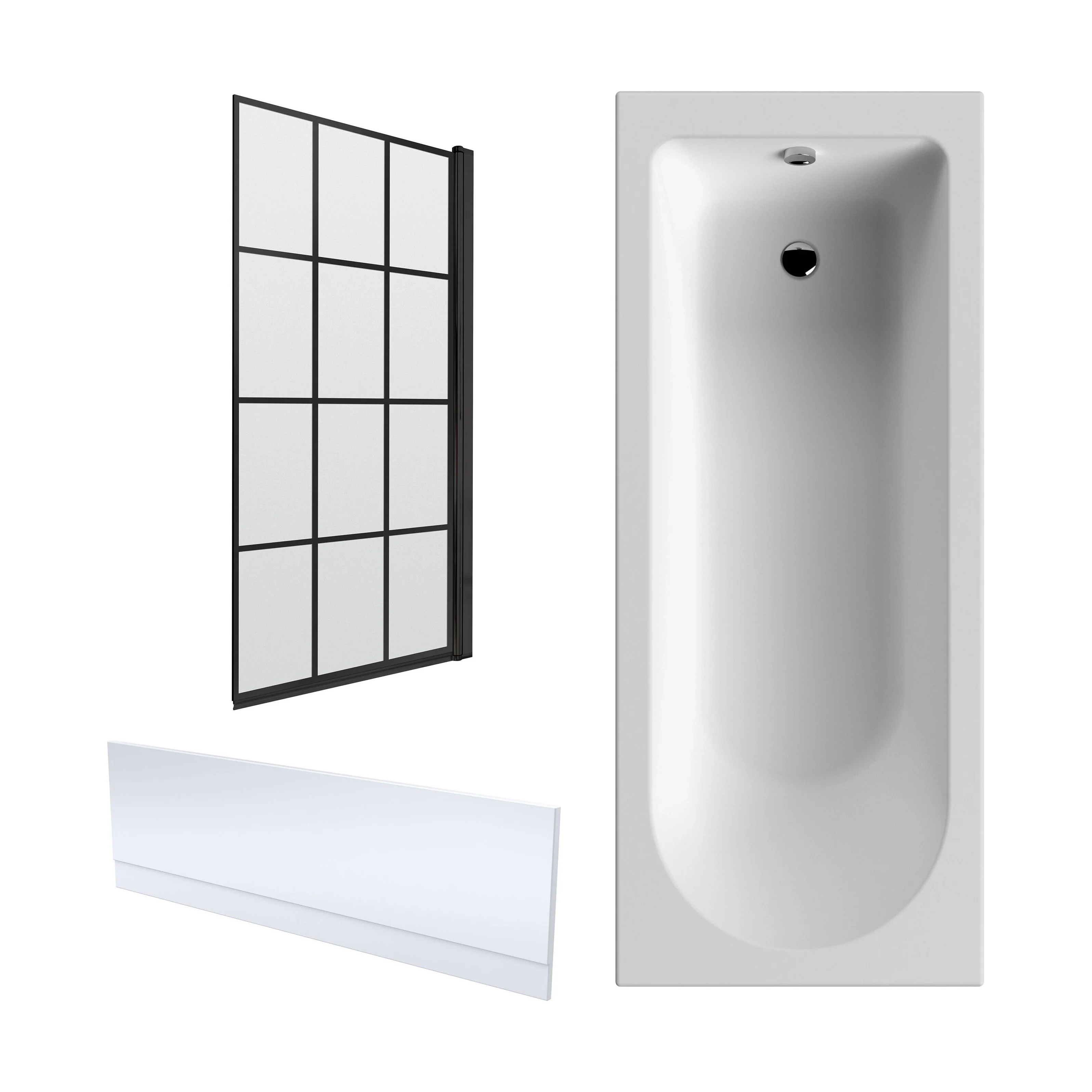 Round Single Ended 1700x750 Shower Bath Set - Front Panel, Matt Black Square Framed Screen & Leg Set
