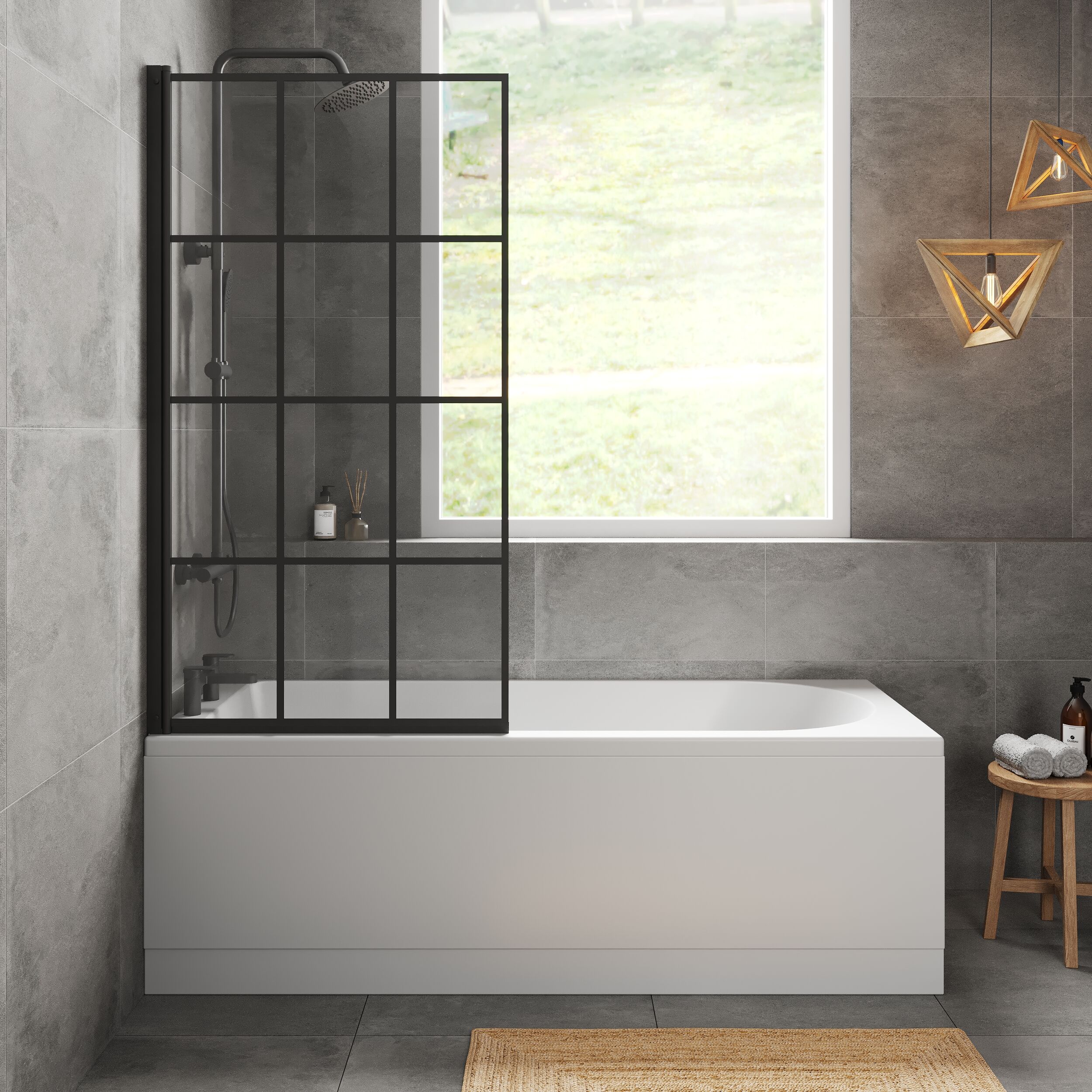 Round Single Ended 1700x750 Shower Bath Set - Front Panel, Matt Black Square Framed Screen & Leg Set - Image 2