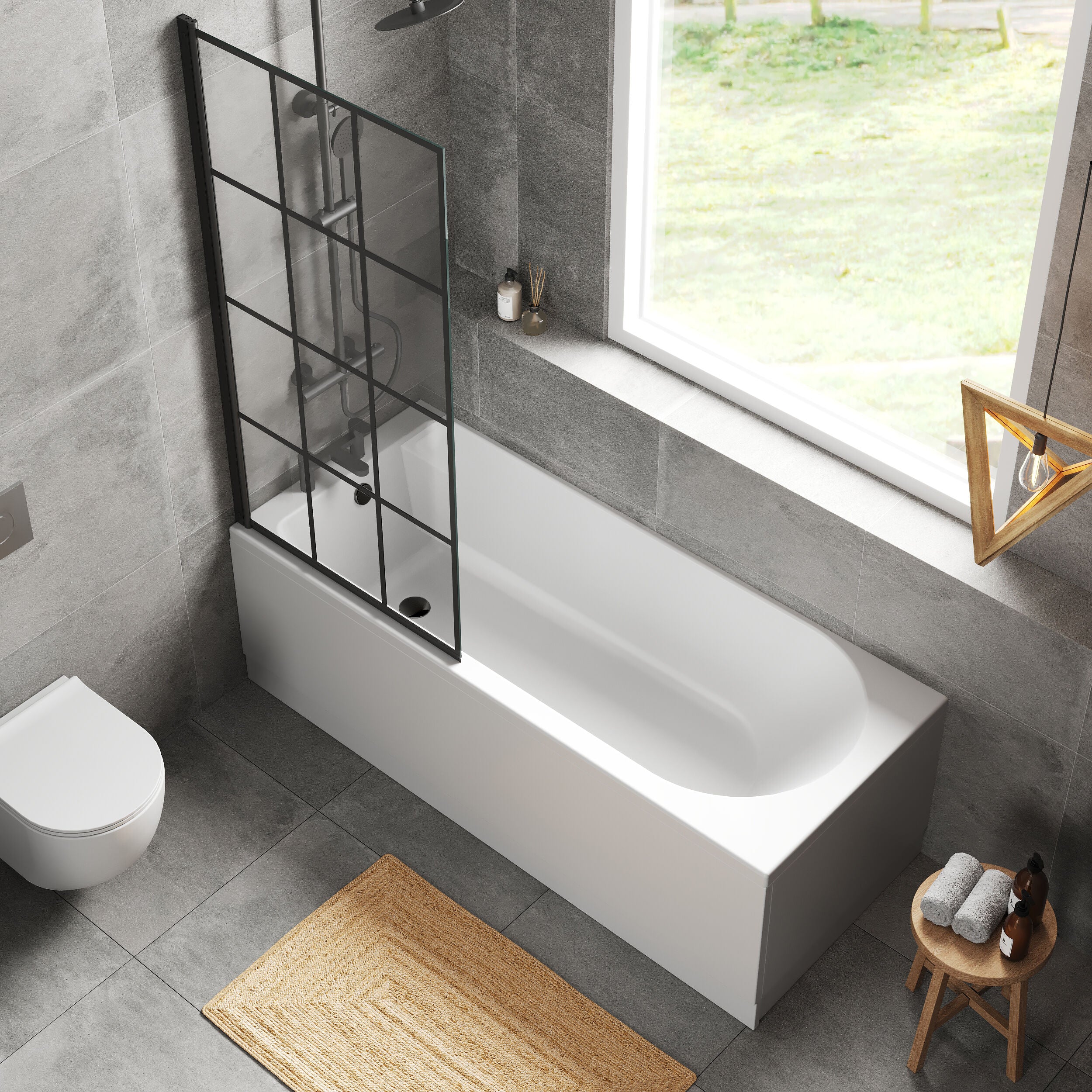 Round Single Ended 1700x750 Shower Bath Set - Front Panel, Matt Black Square Framed Screen & Leg Set - Image 3