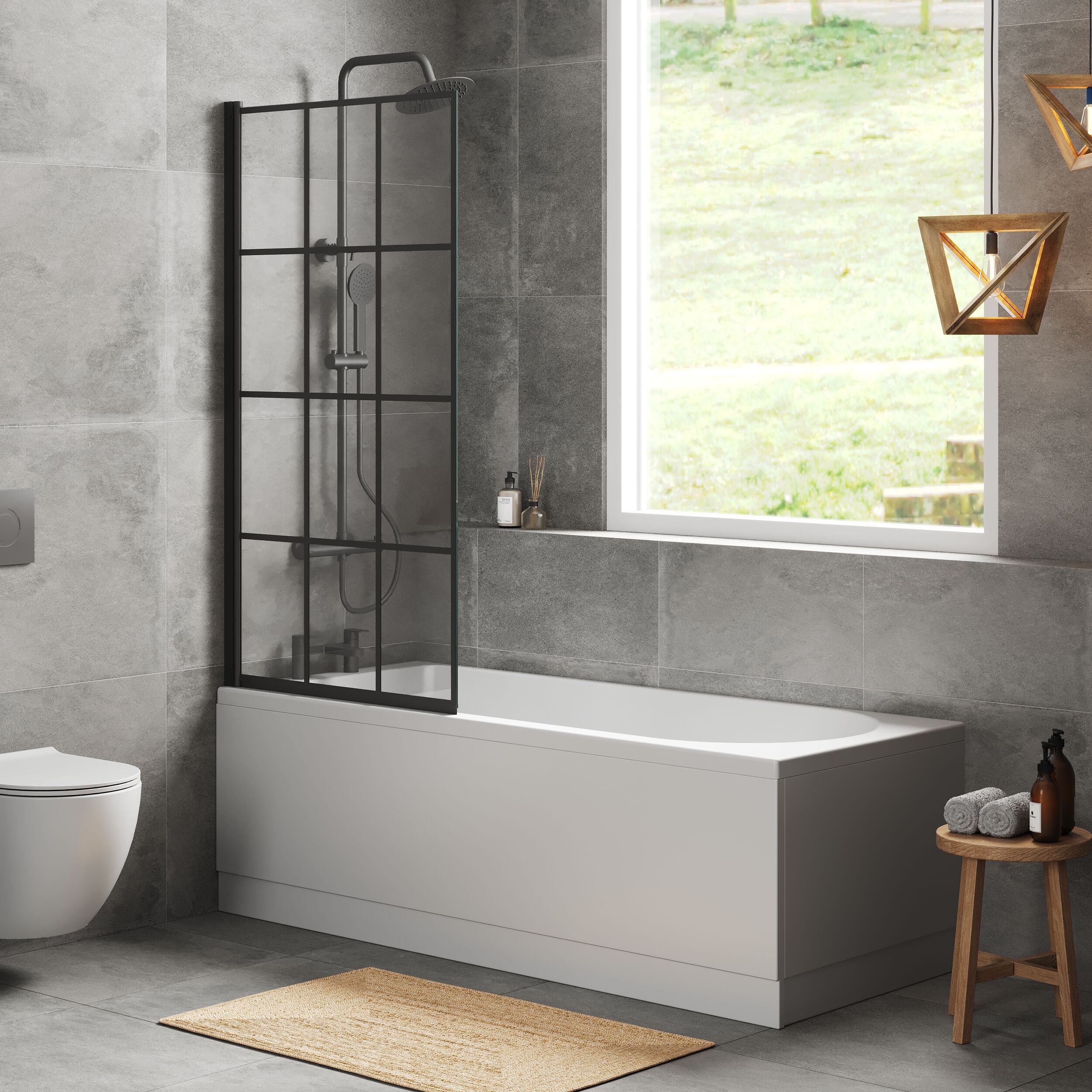 Round Single Ended 1700x750 Shower Bath Set - Front Panel, Matt Black Square Framed Screen & Leg Set - Image 4