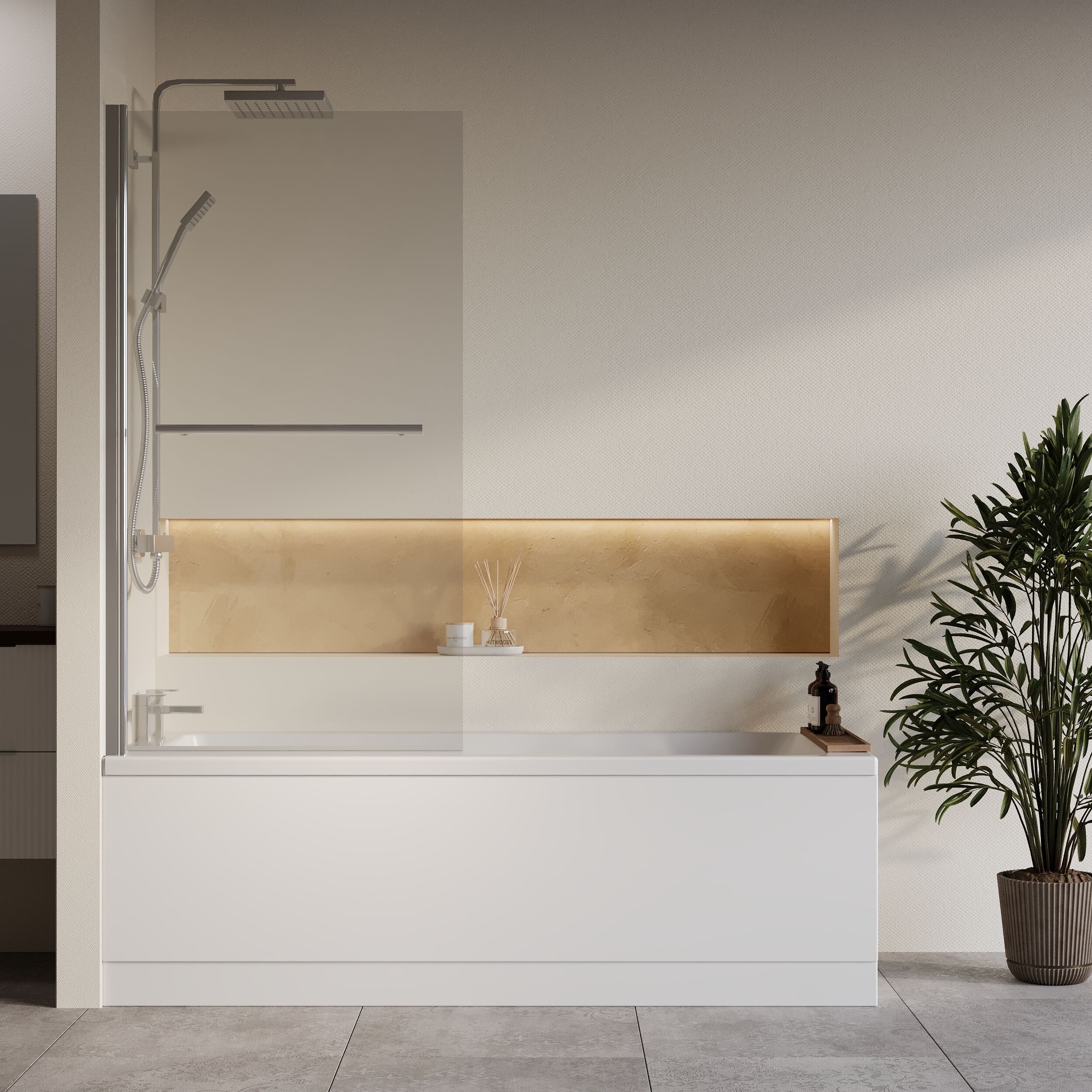 Square Single Ended 1700x700 Shower Bath Set - Front Panel, Chrome Square Bath Screen with Towel Rail & Leg Set - Image 2