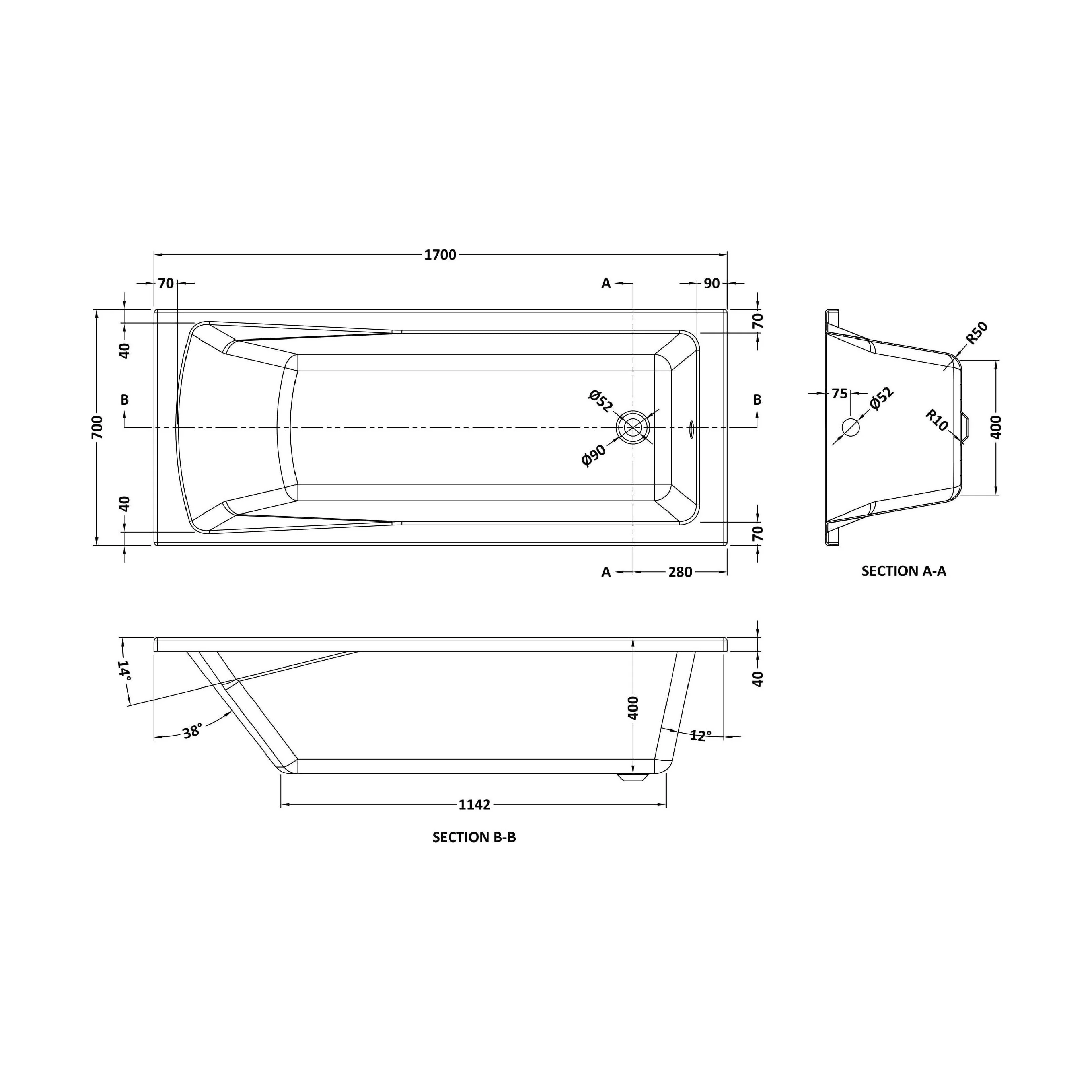 Square Single Ended 1700x700 Bath with Front Panel, Chrome Straight Bath Screen with Towel Rail & Leg Set - Image 5