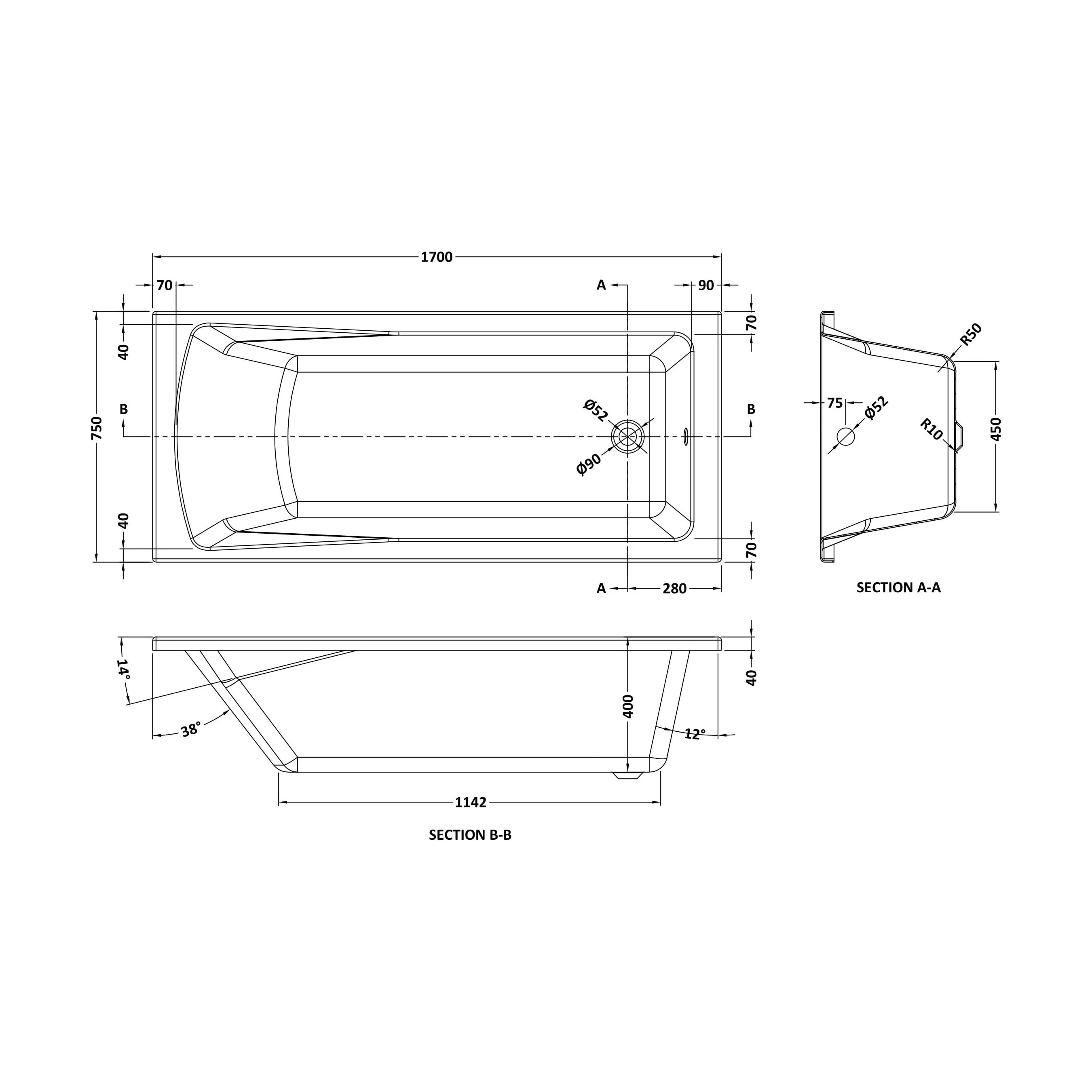 Square Single Ended 1700x750 Bath with Front Panel & Chrome Hinged Screen - Image 5
